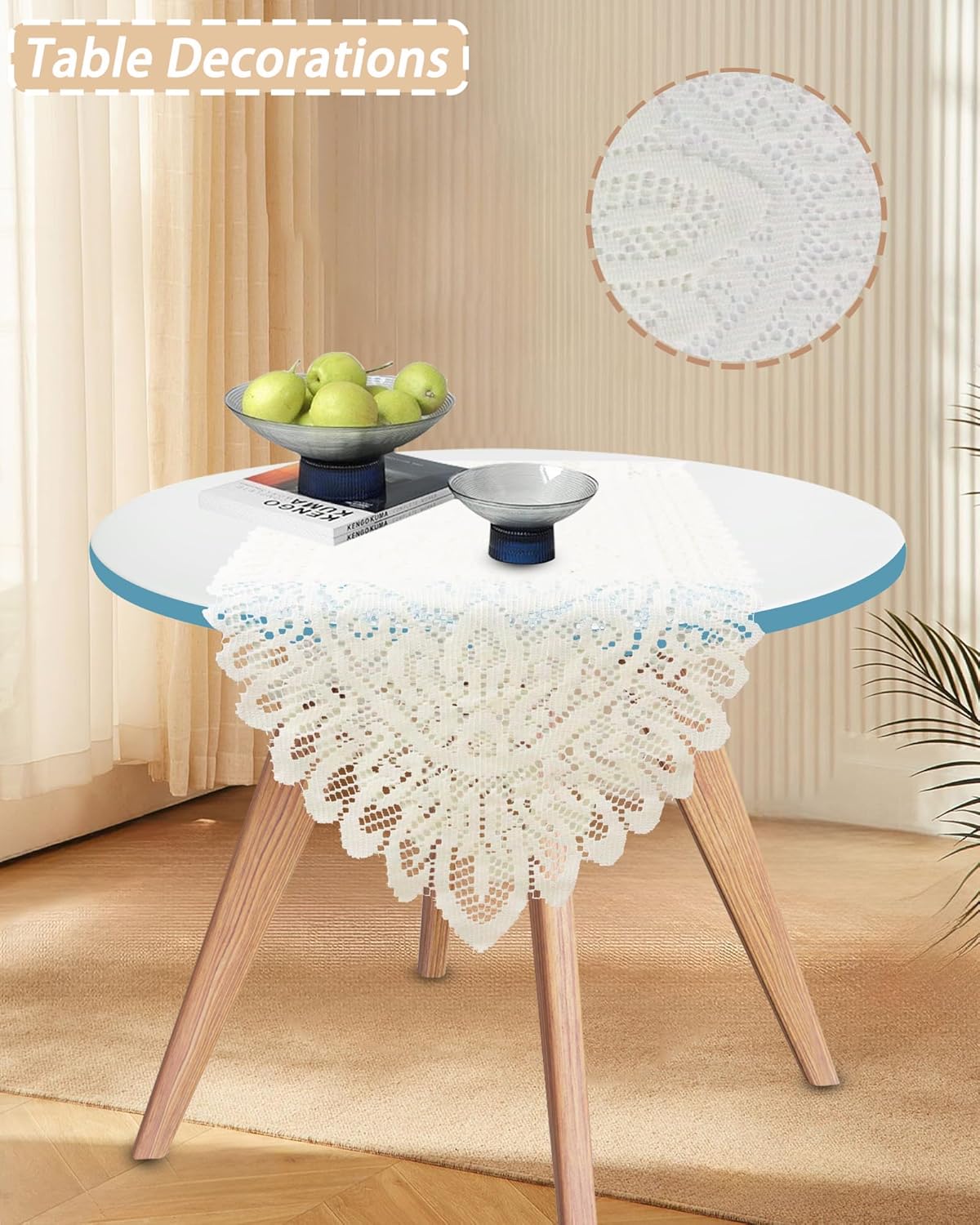 Tinsow 2 Pack Cotton Crochet Lace Rectangular Table Runner Dresser Scarf Doilies (Beige Without Tassels)