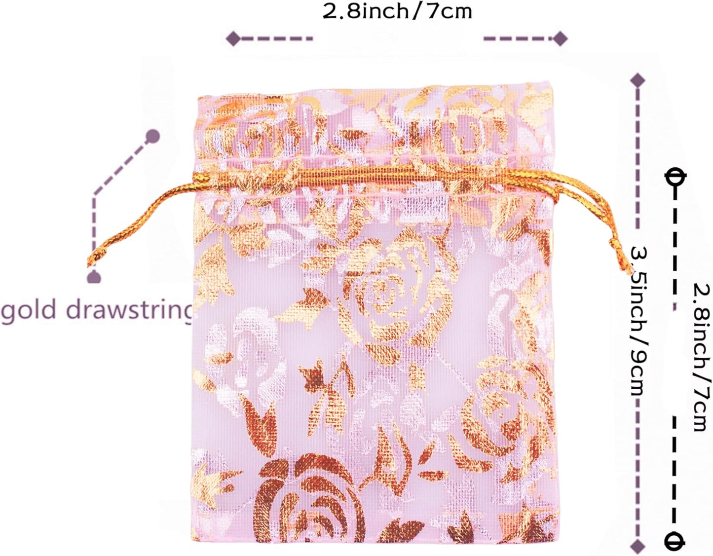 QIANHAILIZZ 100 Pack 2.8 x 3.5 Inch Flower Heart Organza Jewelry Gift Pouch Candy Pouch Drawstring Wedding Favor Bags B511S (pink gold flower)