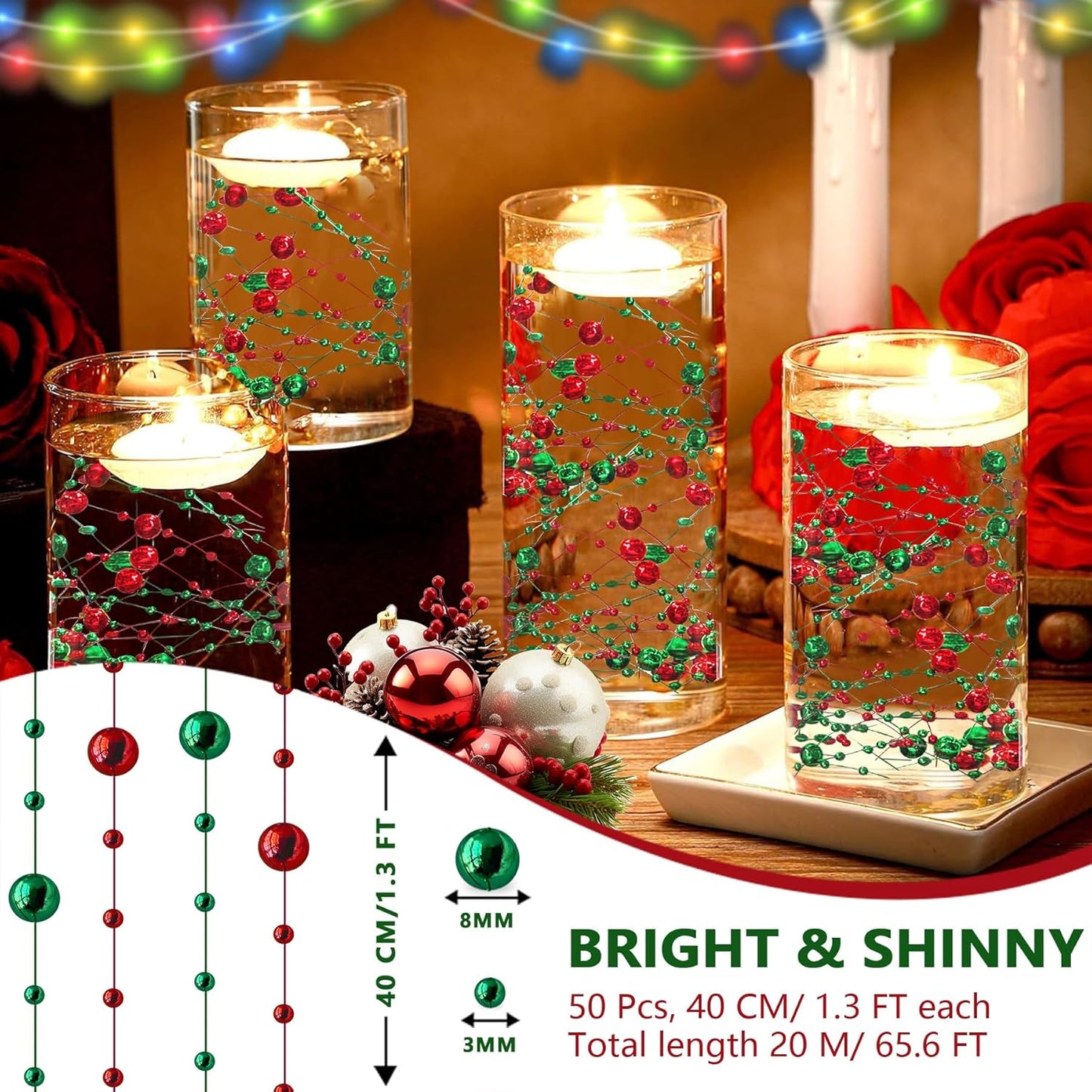 50 PCS Artificial Floating Beads for Centerpieces Vases, 8+3mm String Beads for Christmas Party Pearl String for Decoration, Red & Green String Pearls for Crafts Vase Fillers