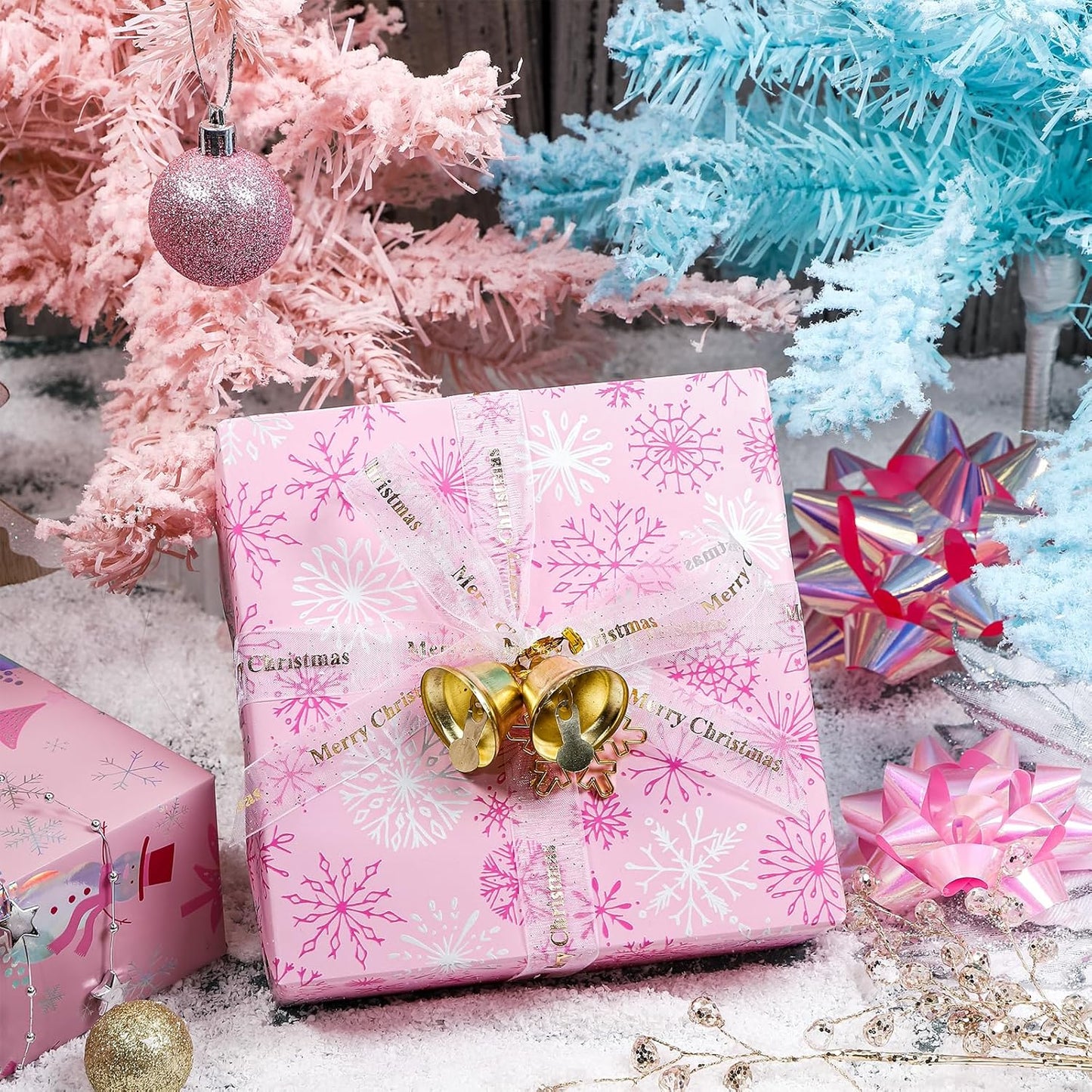 LeZakaa Christmas Pink Wrapping Paper Jumbo Roll, Snowman Christmas Tree & Snowflake Metallic Foil, Rose Gold Foil Reversible Design for Festive Winter Holiday, Family Gathering, 30 inches x 32.8 Feet