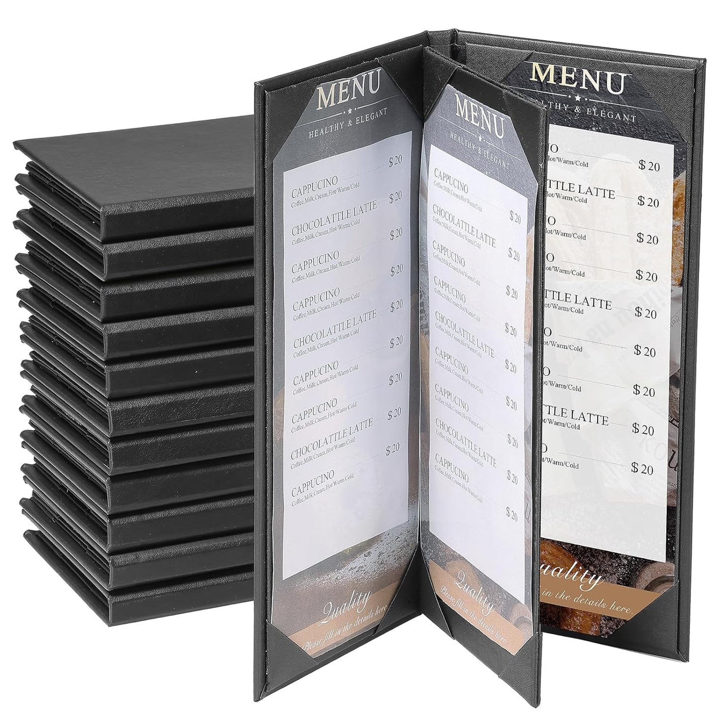 12 Pack 4 View Menu Holder Menu Covers 4.25" x 11" | Black Leather Menu Sleeves Book Style for Restaurant Coffee Bars Wine List