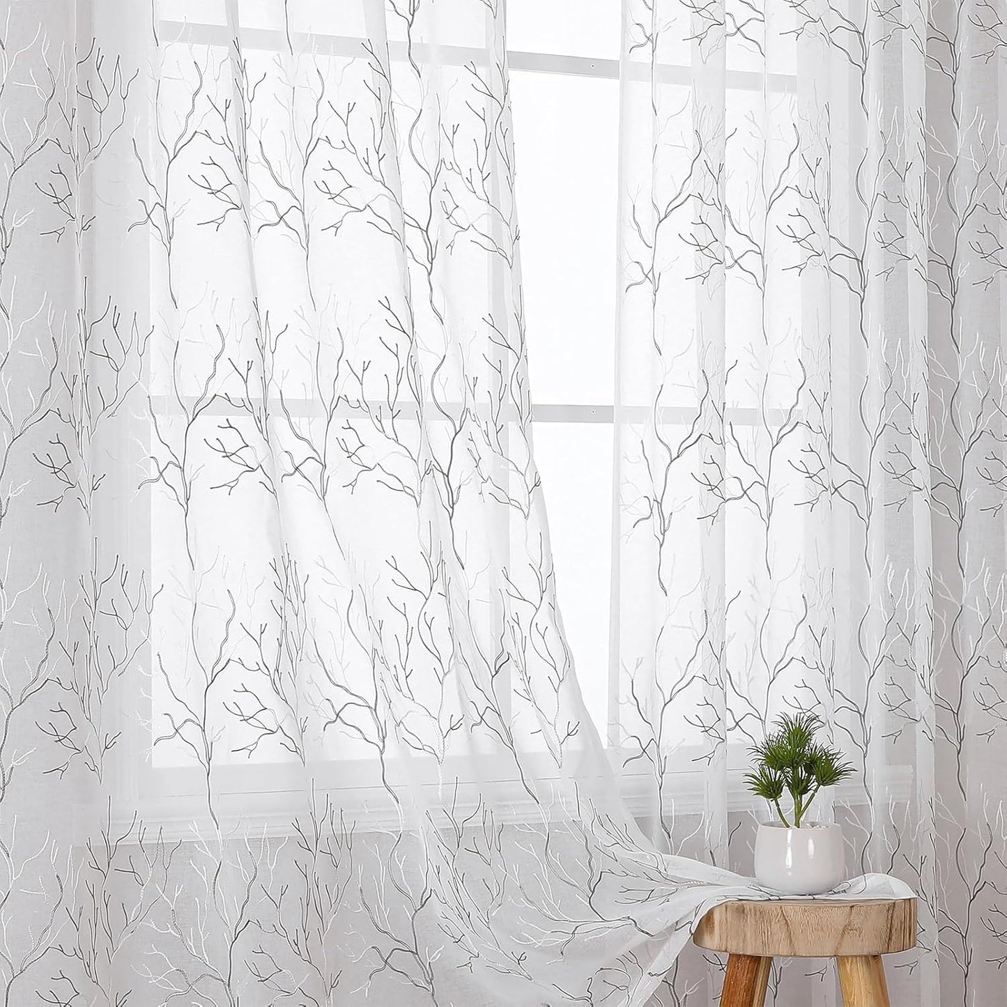 VISIONTEX Sheer Curtains 72 inch Length 2 Panels Set, Decorative Grey Coral Embroidery, Rod Pocket Embroidered Window Drapes for Living Room and Bedroom, 54" x 72"