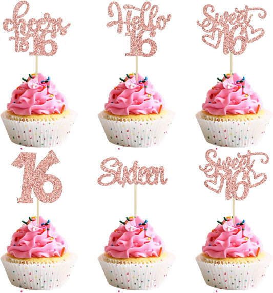 30pcs 16th Birthday Cupcake Toppers - Sixteen Happy Cupcake Picks, Cheers to Sweet 16 Cake Decorations in Rose Gold Glitter