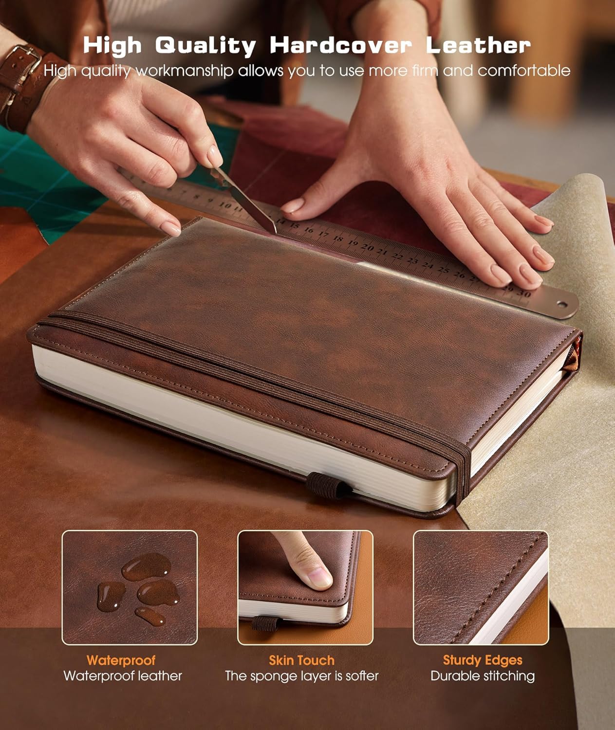 Lined Journal Notebook for Women Men, 256 Numbered Pages Hardcover Leather Journals for Writing, A5 Journaling Notebooks, College Ruled Journal for Business Work School Note Taking 5.75" x 8.38" Brown