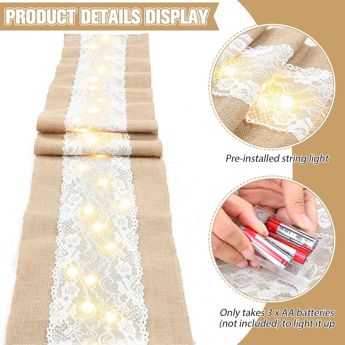 Xinnun 6 Pack Burlap Table Runner with LED String Lights, Modern Rustic Lace Natural Vintage Boho Jute Wedding Table Decor for Farmhouse Thanksgiving Christmas(Thanksgiving Harvest Style,12x70 Inches)