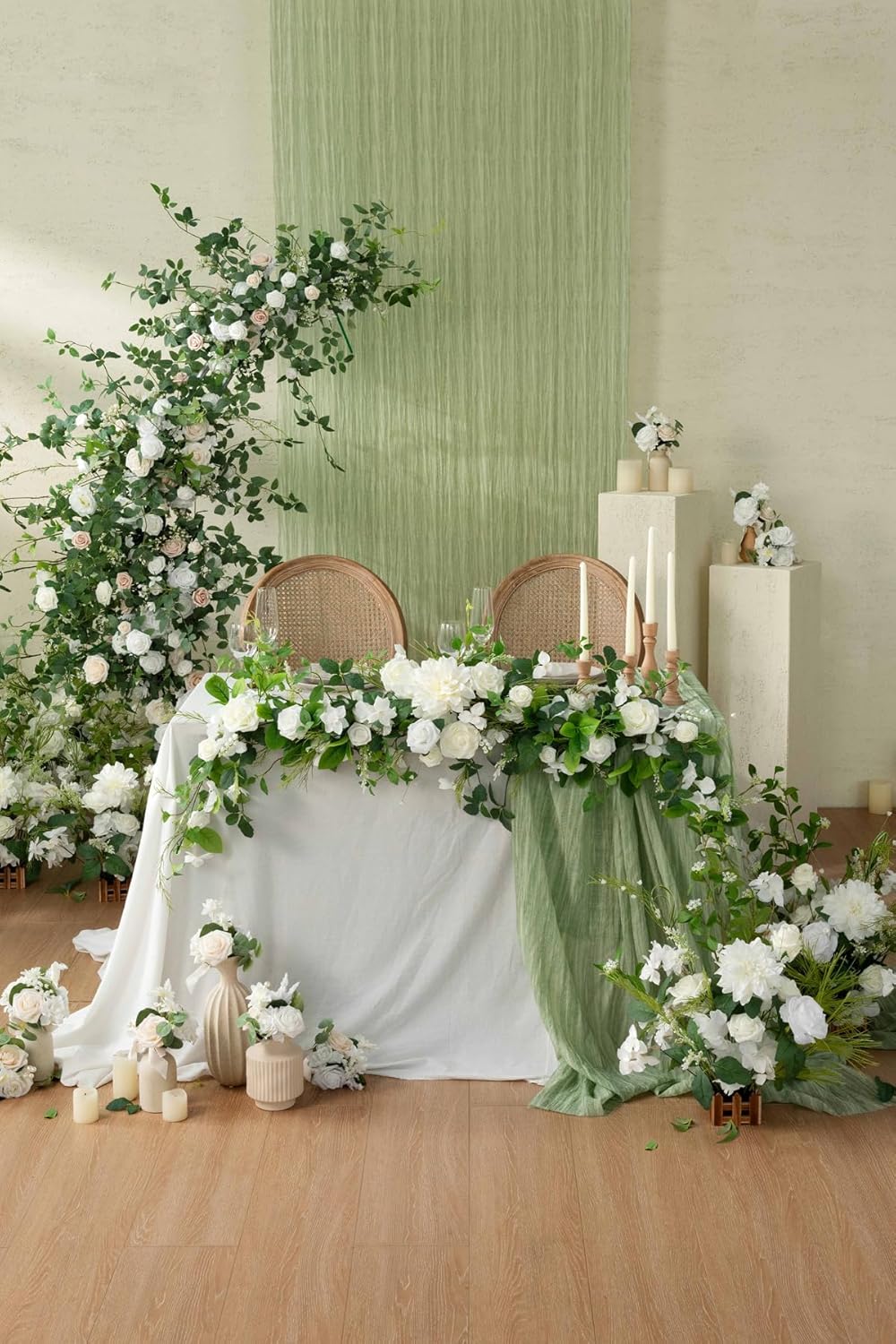 Ling's moment Flower Garland - 6FT Eucalyptus & Rose - Sweetheart Table Decor for Wedding Reception, Artificial Floral Garland for Mantle, Spring, Christmas Decoration, White & Lily
