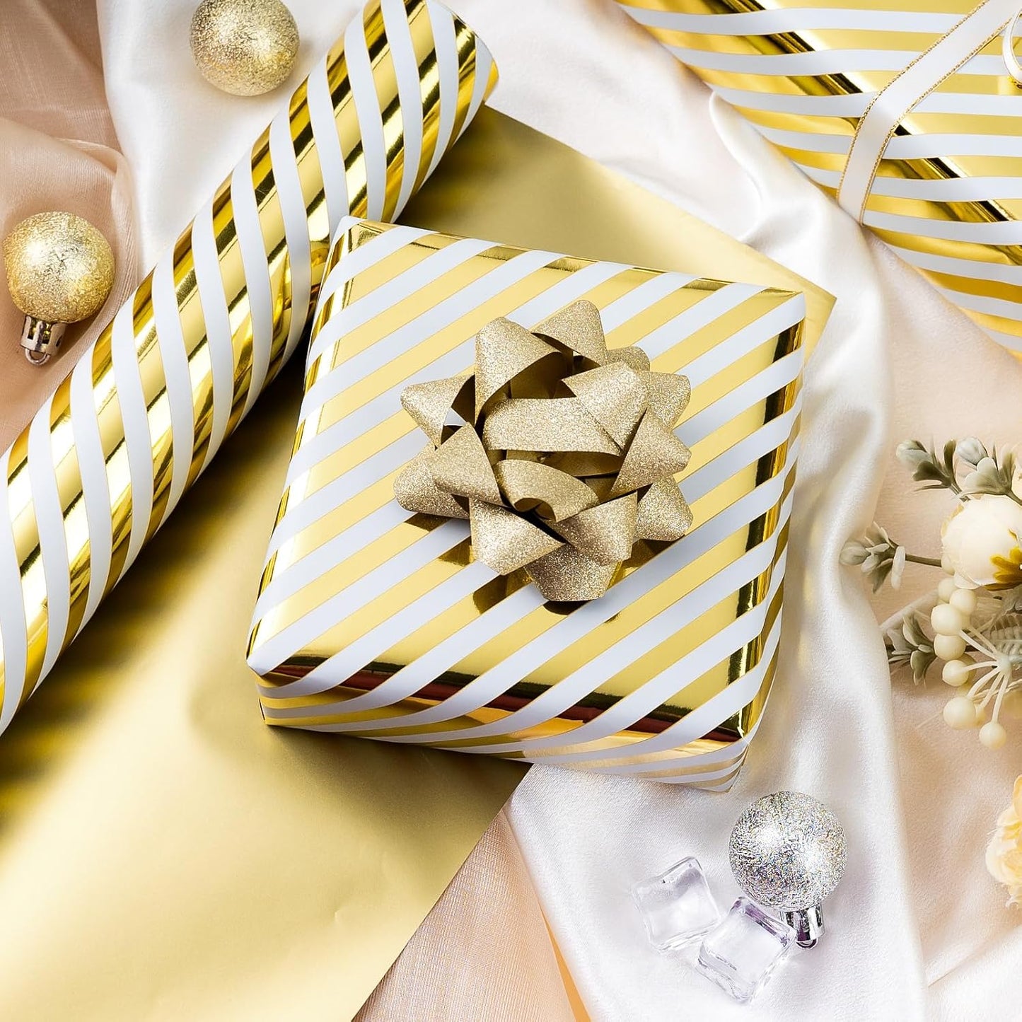 Burymento Platinum Stripe Wrapping Paper, Reversible Gold Gift Wrap for Birthday, Valentines, Mothers day, Graduation, Wedding, Fathers day, Baby Shower, Christmas (17in x 32.8ft)