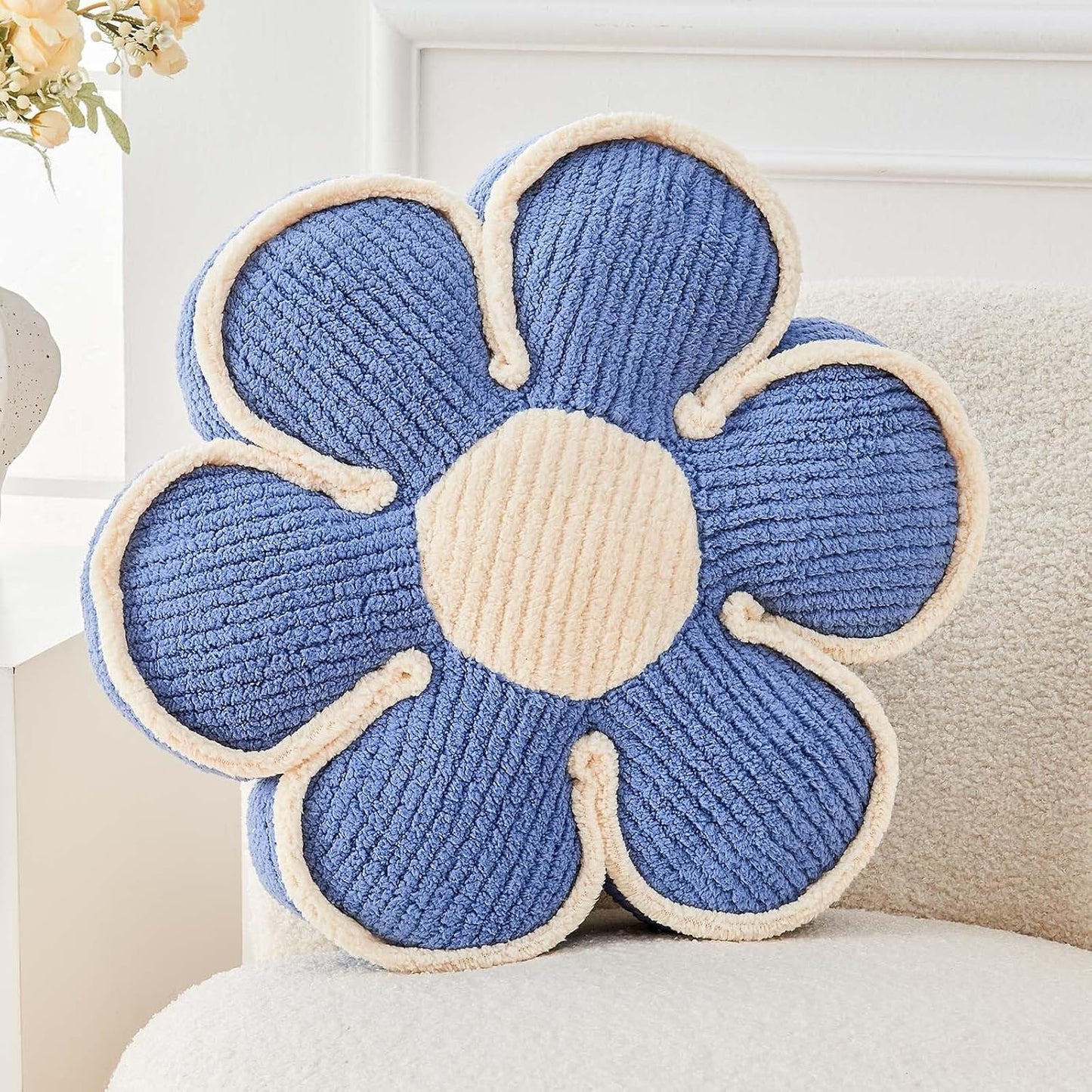Flower Pillow, Soft Flower Decorative Throw Pillow, Cute Daisy Flower Shaped Seating Floor Cushion Room Décor Plush Pillows for Sofa Couch Bed (13.7 Inch, Blue)