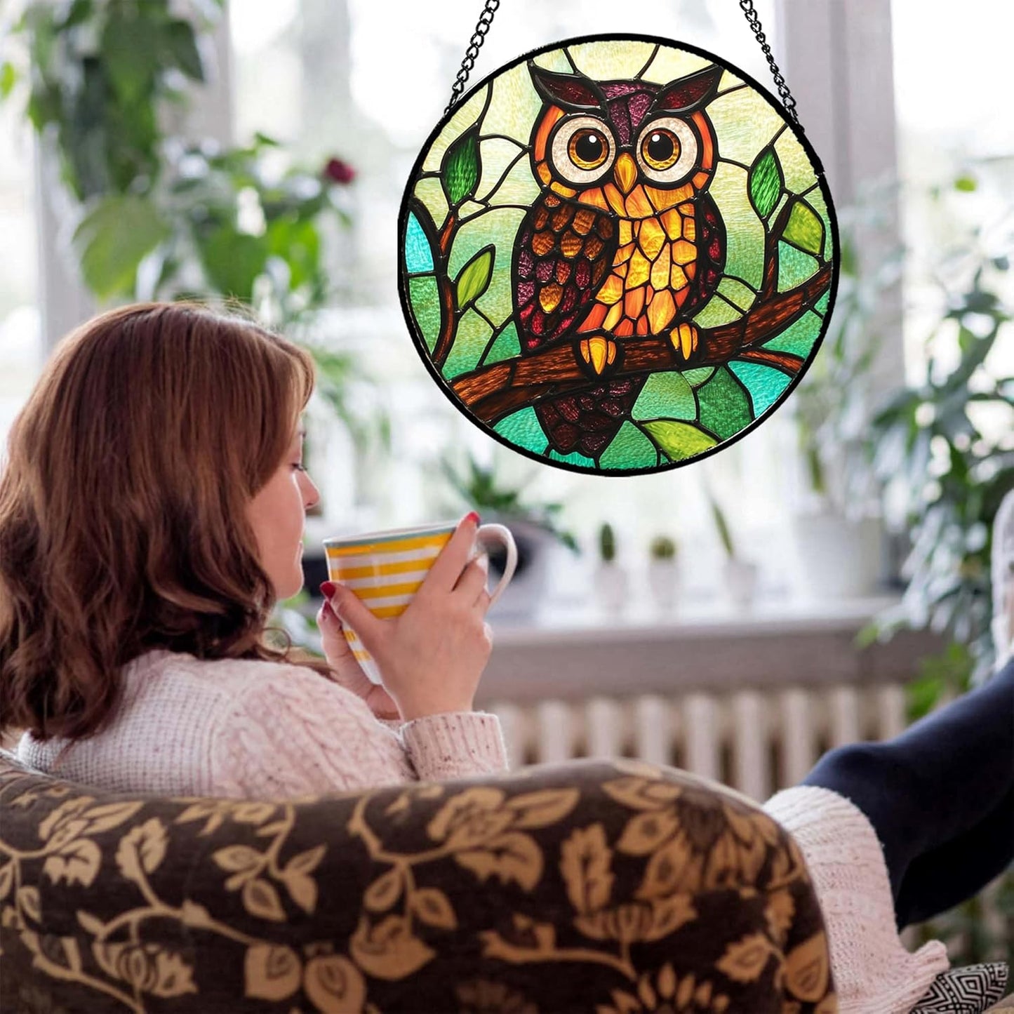 Stained Glass Window Hanging - Owl on a Branch Suncatcher for Doors Window Home Orange Brown Sun Catchers Decor Christmas Mother's Day Birthday Gifts for Teacher Women Men Mom Nana 11.8 in
