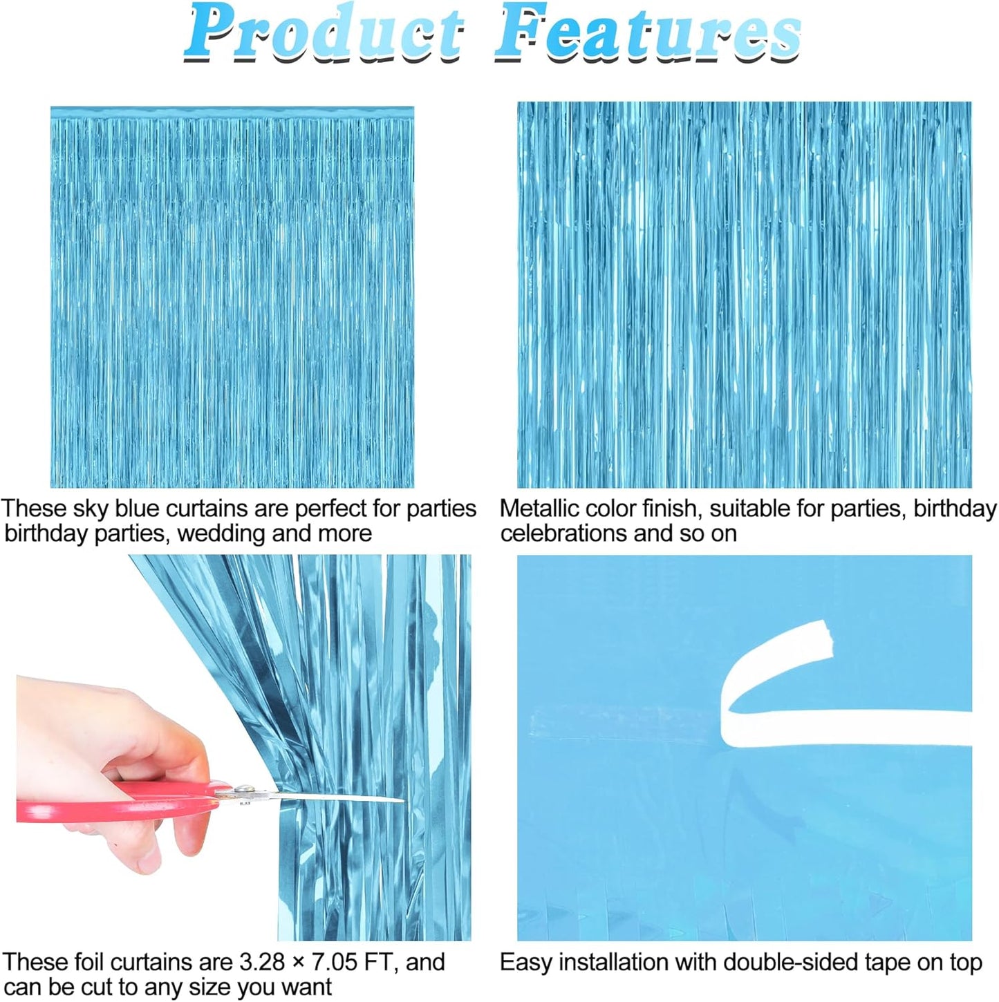 8 Pack Party Decorations, 3.28 FT x 7.05 FT Party Streamer, Metallic Sky Blue Tinsel Backdrop Fringe Curtains Party Decorations, Light Blue Birthday Backdrop Photo Booth Props