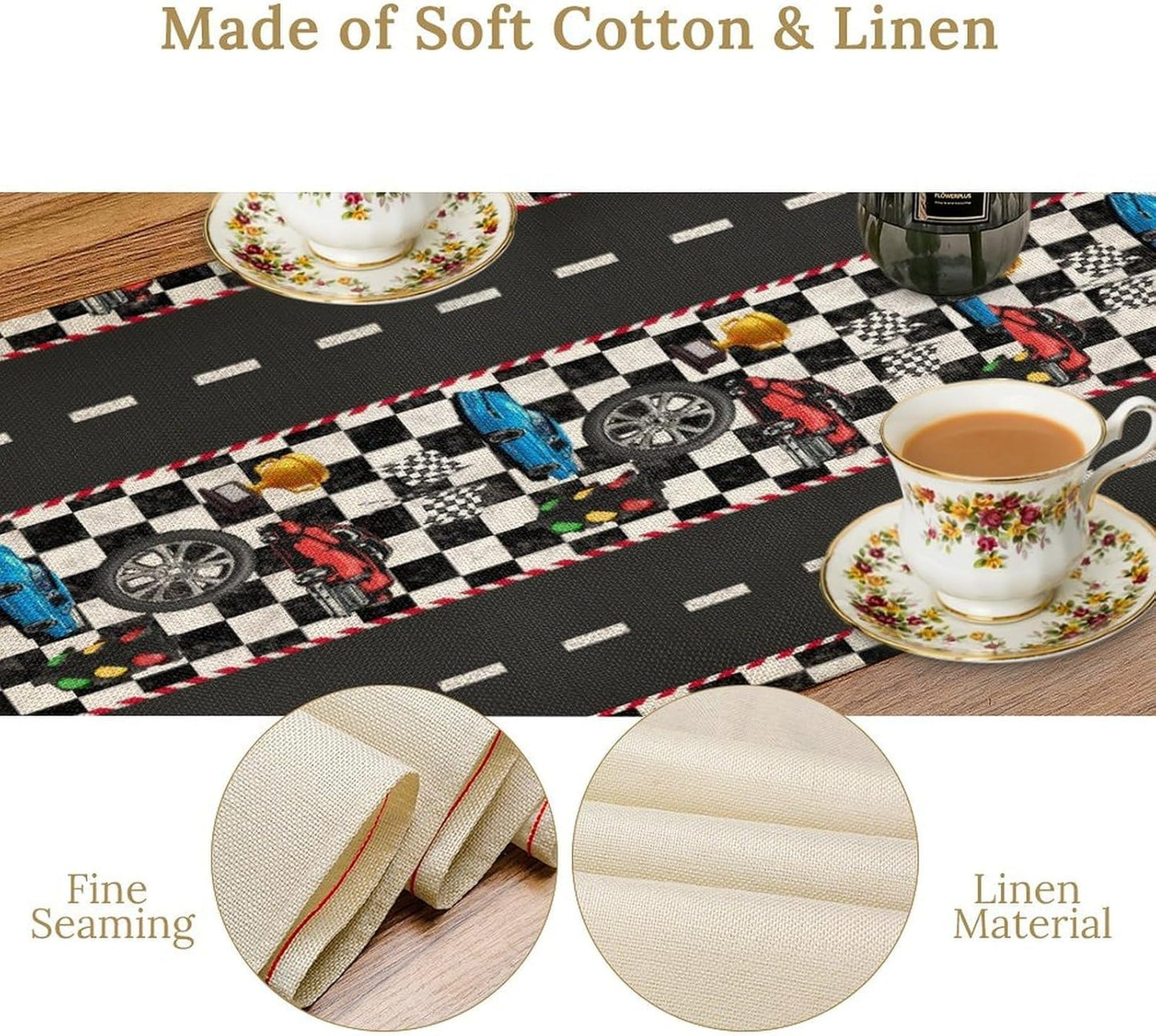 Race Car Table Runner,Checkered Flag Black and White Race Cars Pattern Print Tablecloth Burlap for Hotel Indoors Outdoor Dining Room Kitchen Home Decor,W13X L60 in
