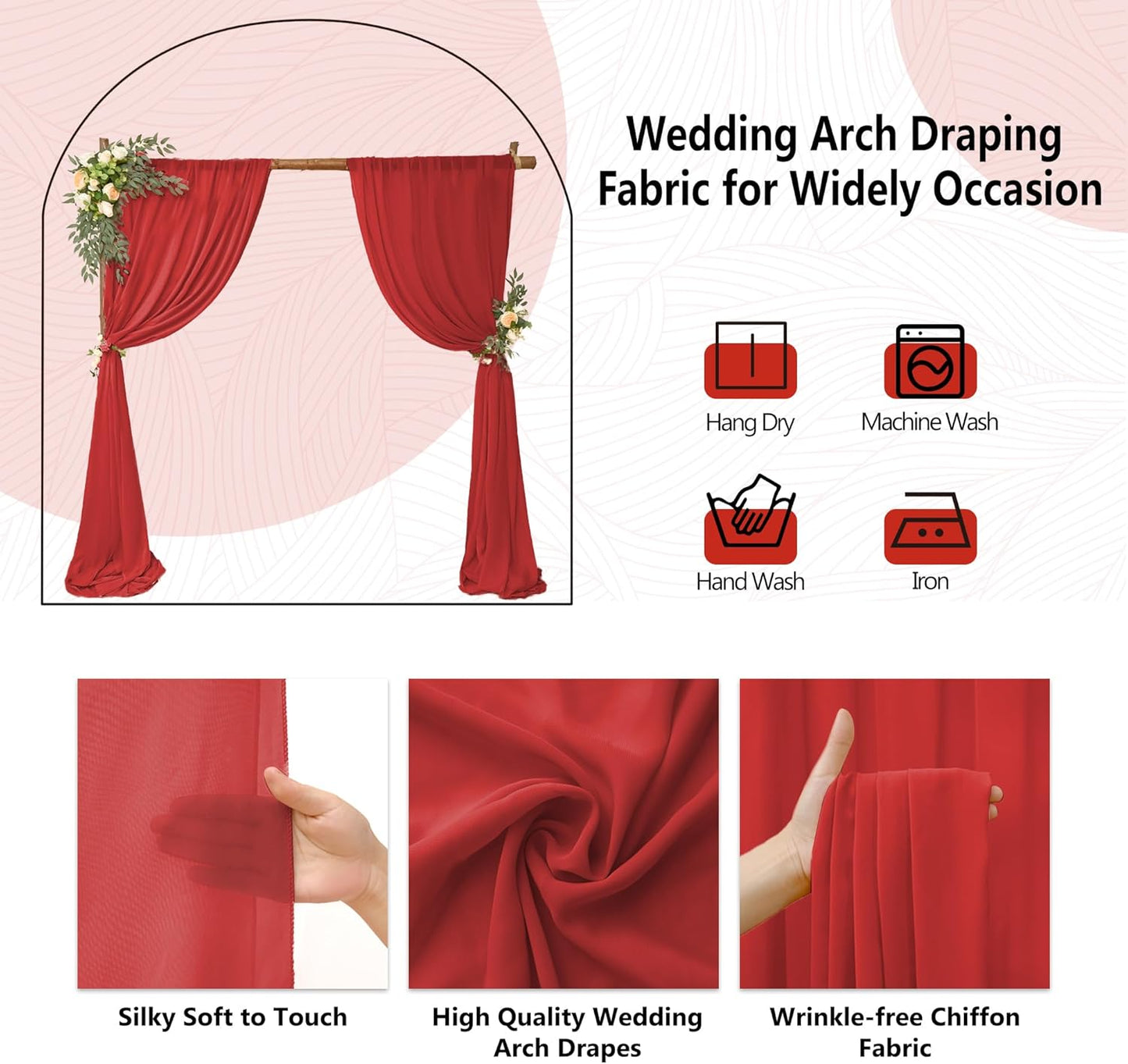 4 Panels Wedding Arch Draping Fabric 28" x 20Ft Chiffon Wedding Arch Drapes Chiffon Fabric Drape Sheer Backdrop Curtain for Weddings Ceremony Birthday Party Event Reception Backdrop Ceiling Décor(Red)