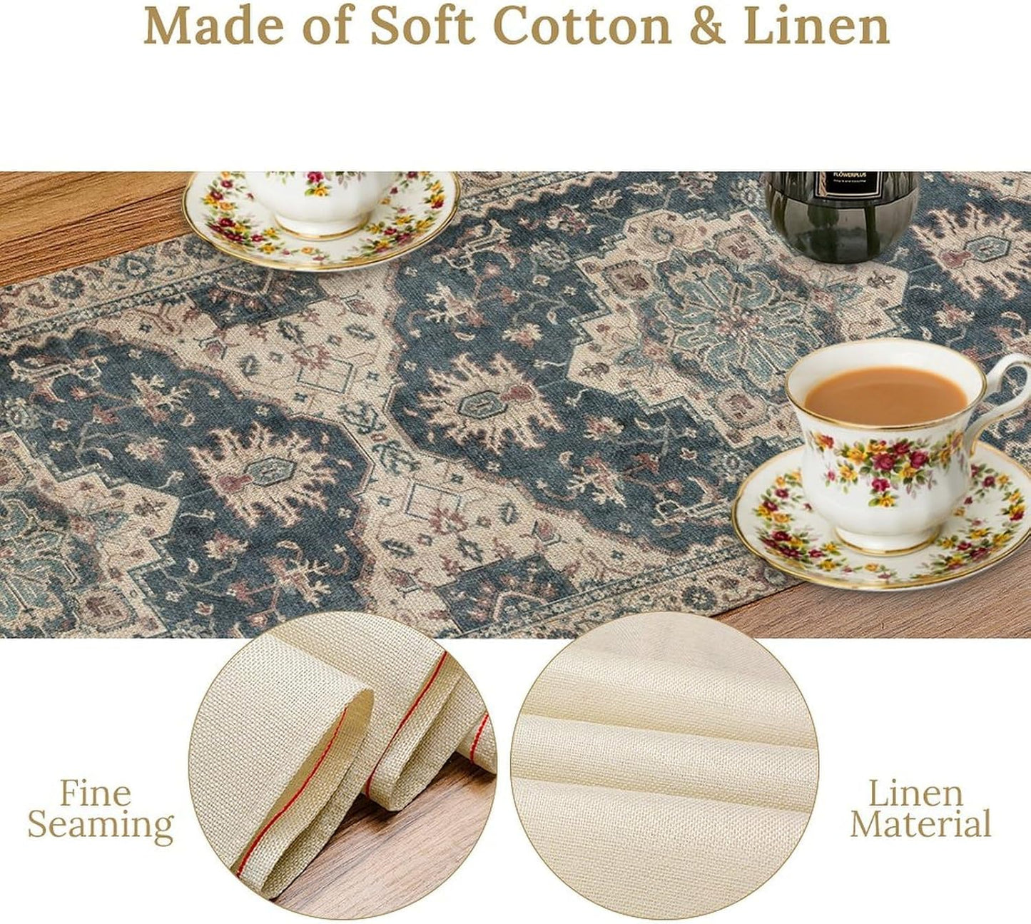 Boho Bohemia Style Table Runner, Vintage Blue Retro Flower Rustic Country Style Floral Print Pattern for Home Kitchen Table Decor Dining Coffee Room Garden Party Decor 13x60in