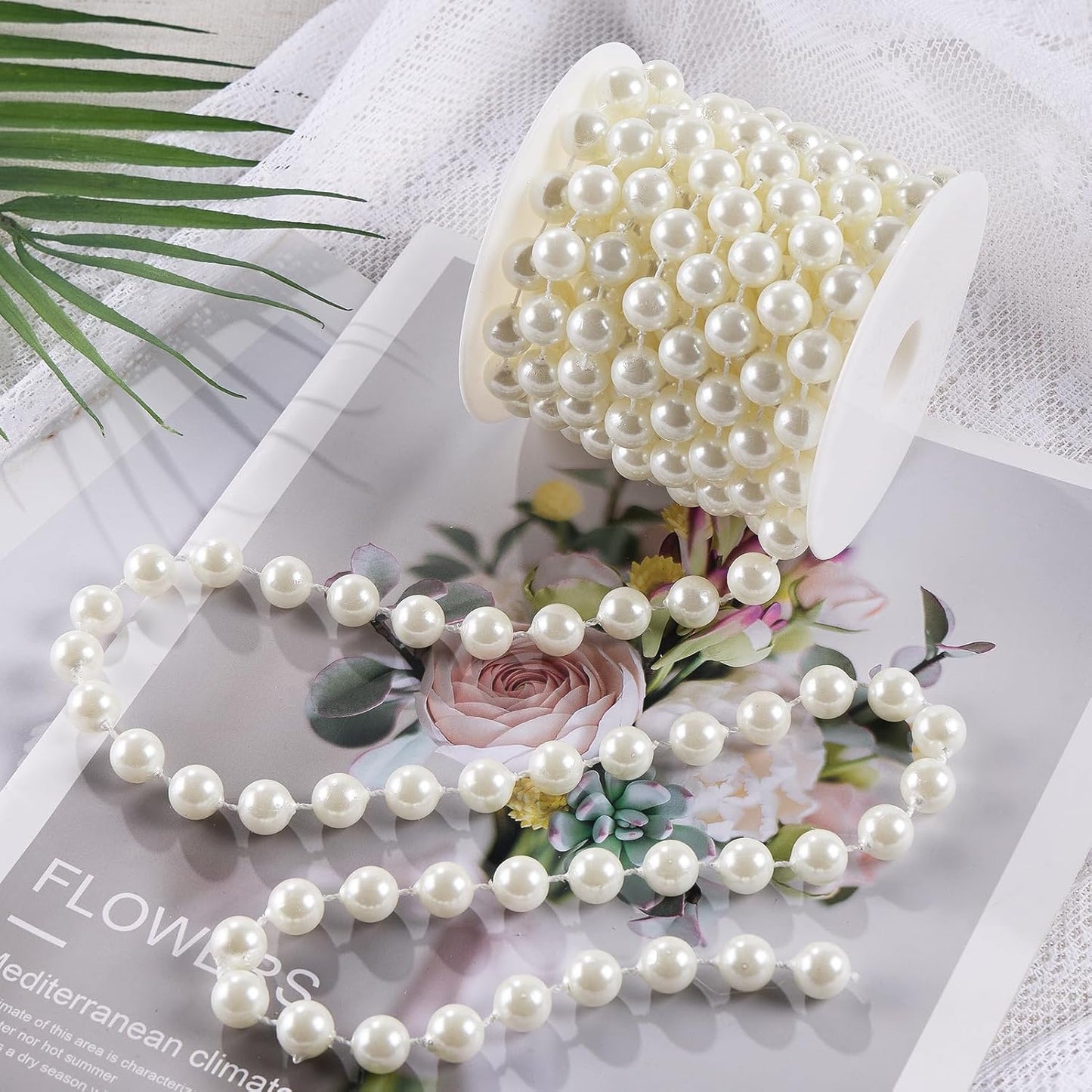 12mm Pearl Beads String, Ivory Pearls for Crafting Imitation Decorative Beads Garland 5.5 Yds, Wedding Party Valentine Christmas Tree Decorations