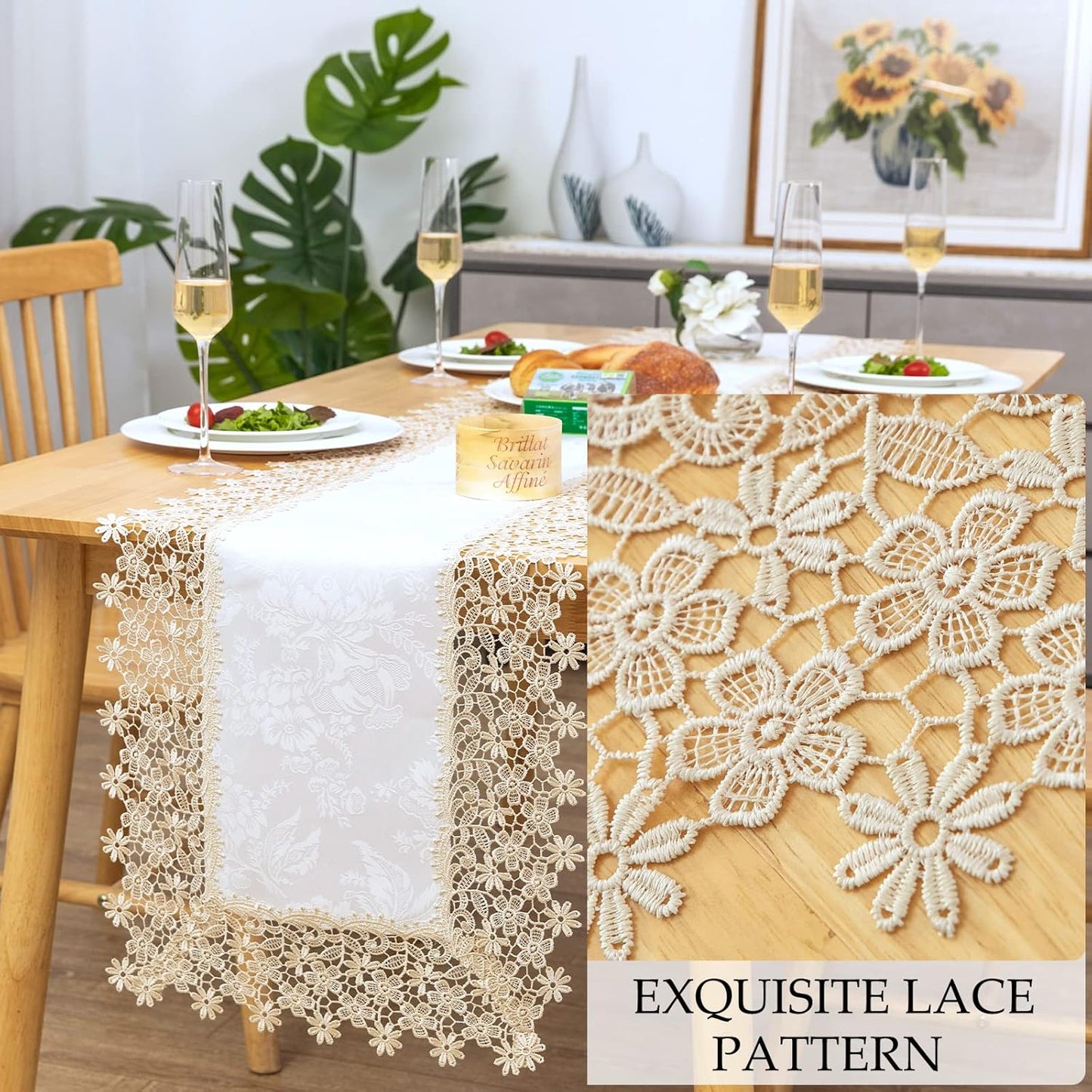Beige lace Premium Rectangle Farmhouse Table Runner Waterproof OilProof SpillProof AntiShrink Soft Wrinkle Resistant Decorative Fabric Table Cover Kitchen Dinning Party Wedding Banquet