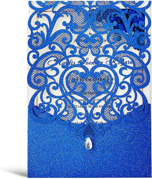 Hosmsua 50PCS Wedding Invitations Cards 5 x 7.3 Inch Laser Cut Hollow Rose Invitation with Rhinestone for Bridal Shower Engagement Quinceañera (Royal Blue Glitter)