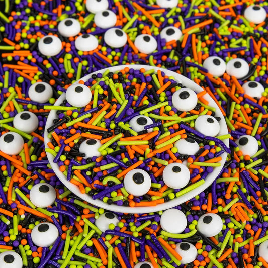 Edible Halloween Sprinkles,Black White Eyes Purple Green Orange and Black Pearls and Jimmies Mixed,130g/4.58ounce,Monster Sprinkle Perfect for Cake Decorations, Baking, Ice Cream, Cookies, Cupcake Topper,Halloween Supplies Children's Party