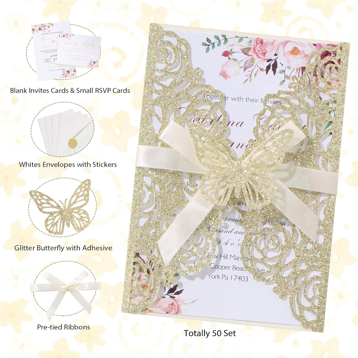 50PCS Gold Glitter Laser Cut Wedding Invitation with Butterfly Ribbons Hollow Rose Shape Wedding Invitations with Envelopes and Rsvp Cards for Wedding Bridal Shower QuinceañEra Engagement