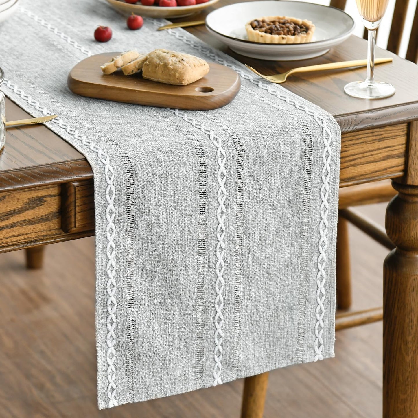 Artoid Mode Grey Rustic Cotton Linen Table Runner, Seasonal Embroidered Hollow Kitchen Dining Table Decoration for Home Party Decor 13x108 Inch