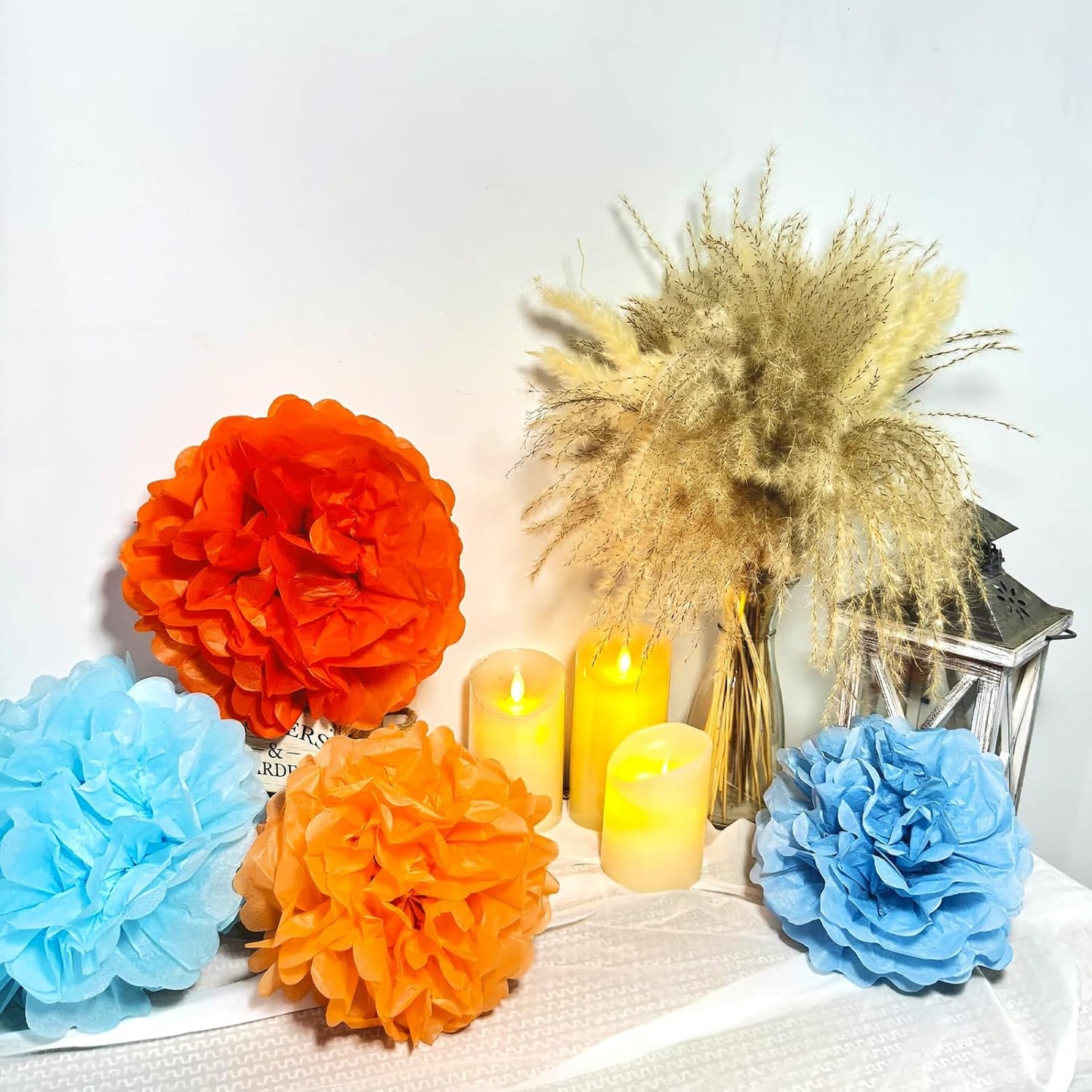Capesaro Blue and Orange 12PCS Paper Pom Poms Party Decorations for Girl Birthday College Graduation Decoration, Hanging Decor Tissue Paper Flowers