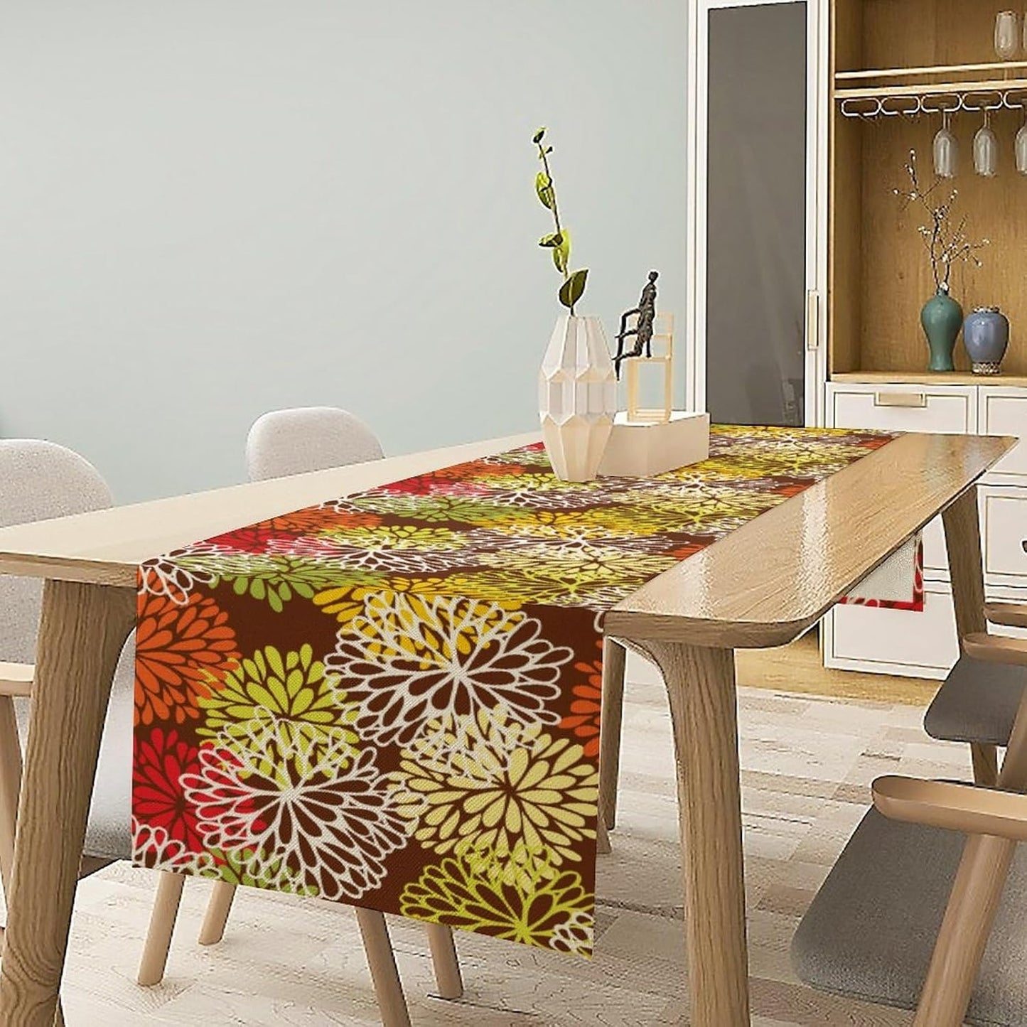 Brown Dahlia Floral Table Runner, Seasonal Autumn Thanksgiving Pattern Print for Home Kitchen Table Decor Dining Coffee Room Party Decor 13x60 Inch