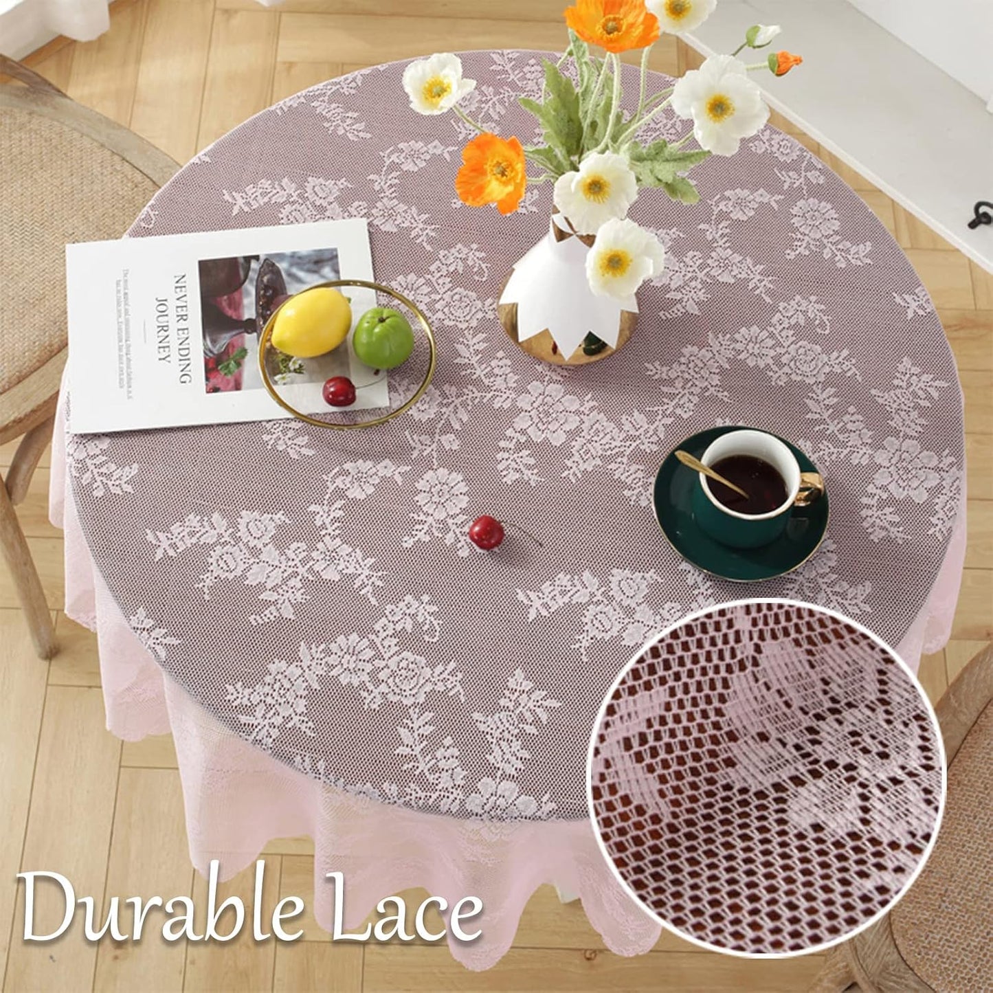 Jeloris Round Lace Tablecloth with Elegant Scalloped Bottom for Any Special Event Such as Wedding, Birthday Party, Baby Shower, Anniversary (48 inch, Style 2)