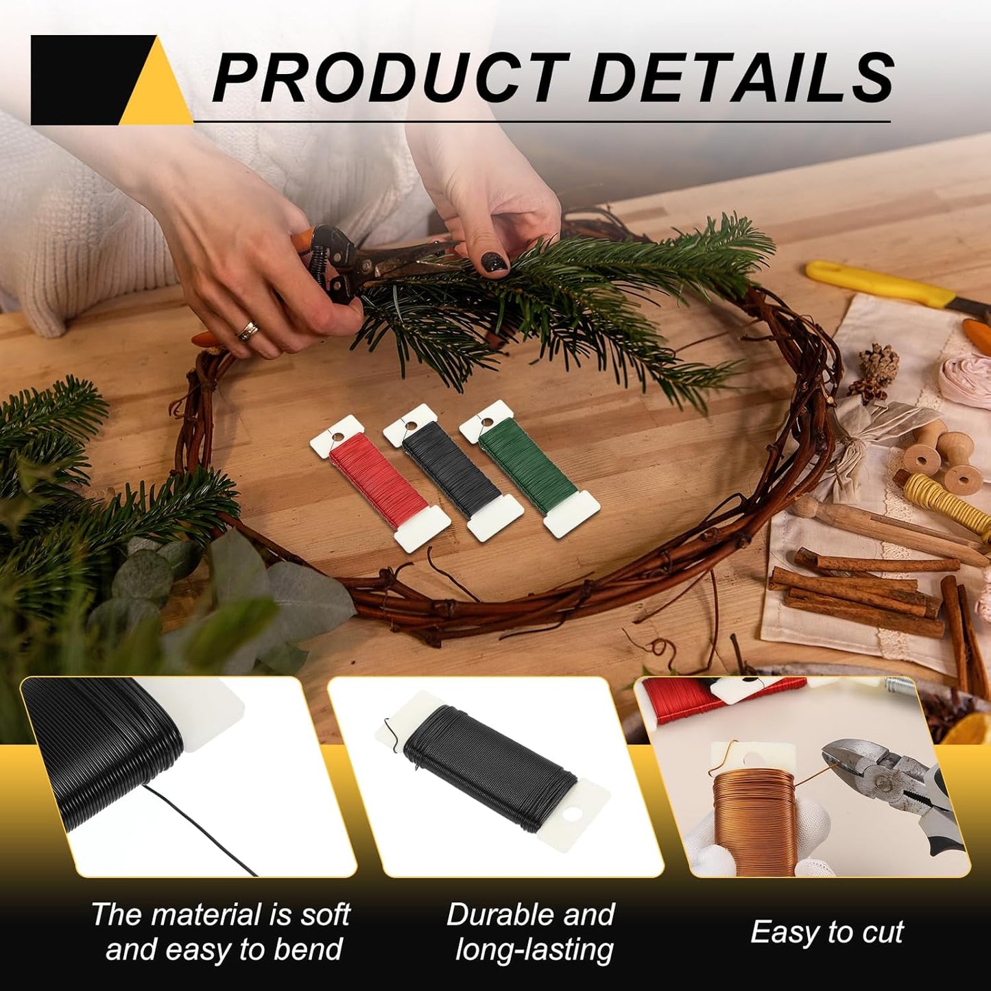 MECCANIXITY 190 Yards/575 Feet Metal Floral Wire 21 Gauge Black Flexible Paddle Thin Floral Wires for Craft, Christmas Wreath, Flower Arrangement, Wedding, Total 5 Roll