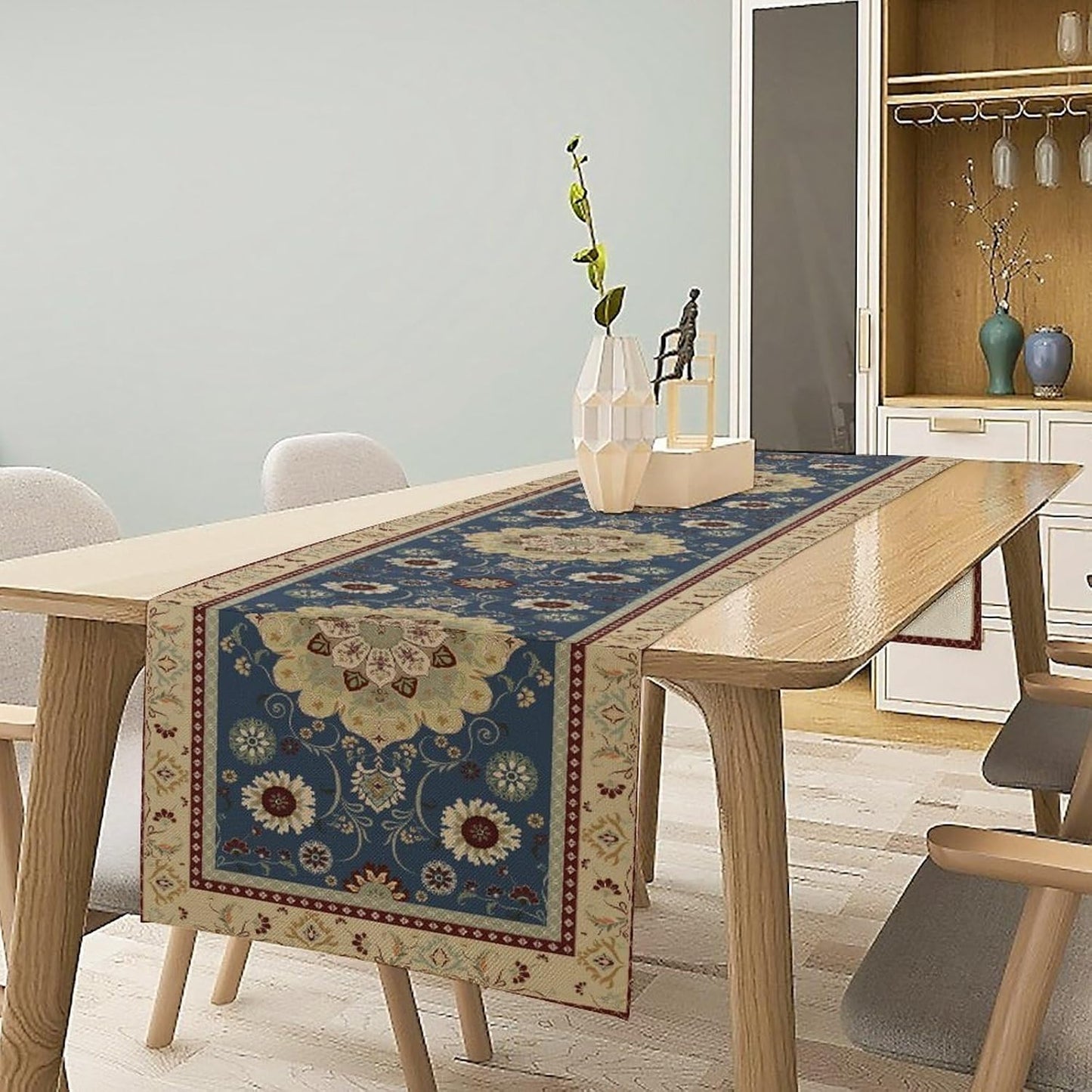 Vintage Boho Floral Table Runner, Elegant Rustic Country Farmhouse Blue Yellow Retro Flower Pattern for Home Kitchen Table Decor Dining Coffee Room Party Decor 13x108in