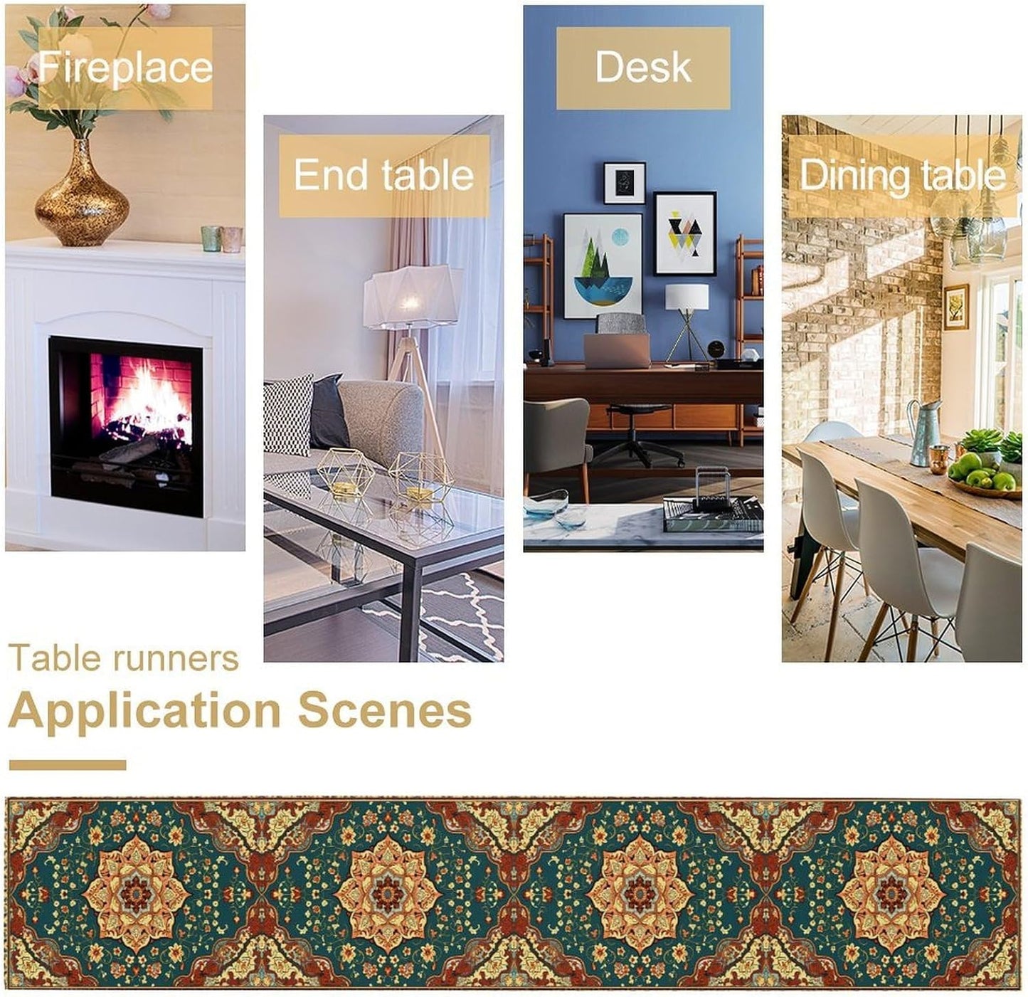 Boho Rich Table Runner, Vintage Blue Teal Gold Retro Flower Rustic Country Style Floral Print Pattern for Home Kitchen Table Decor Dining Coffee Room Garden Party Decor 13x120in