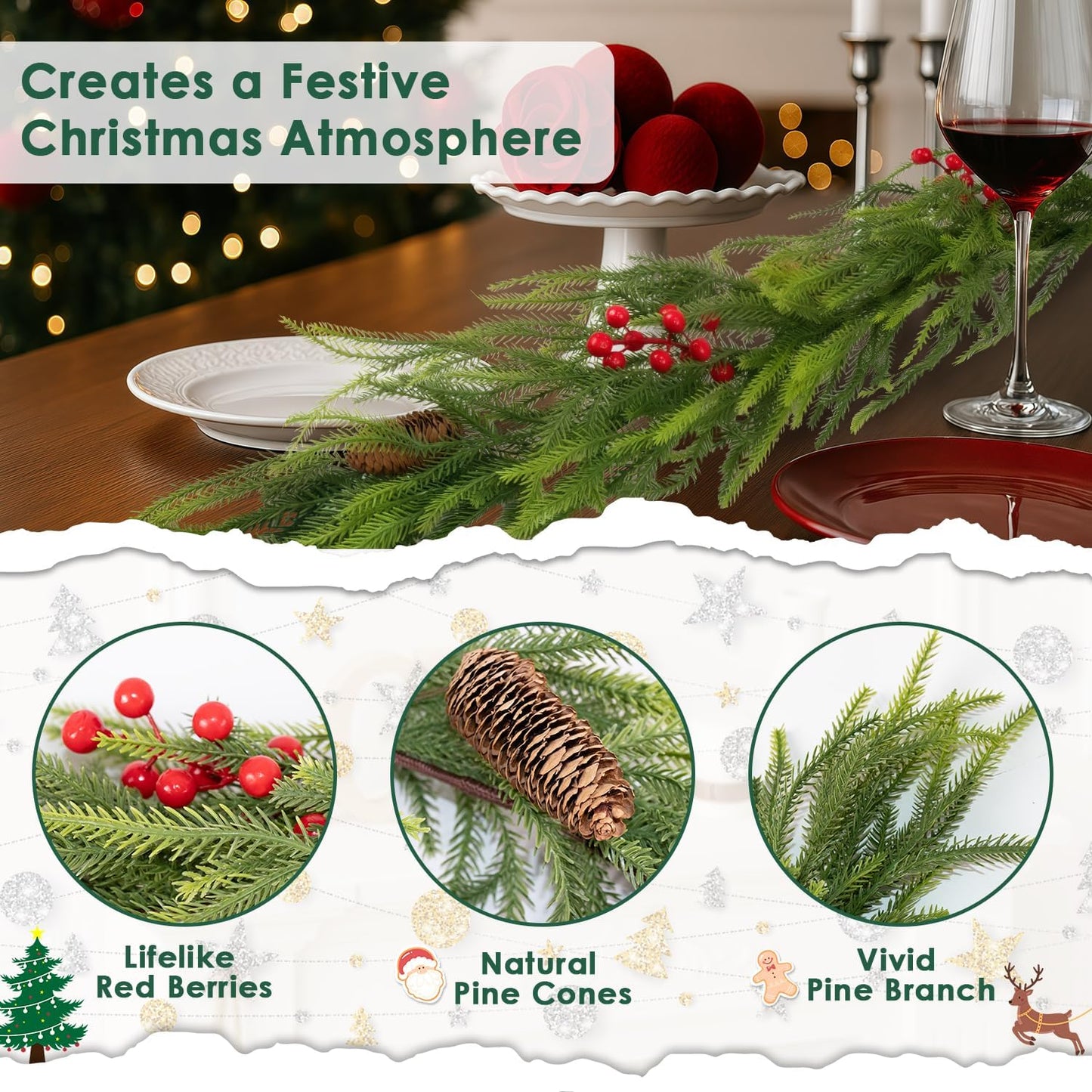 6FT Norfolk Pine Garland Christmas Artificial Greenery with Red Berries Cones, Pine Tree Decor for Mantel Fireplace Stair Rail Doorway Table, Indoor Outdoor Winter Christmas Decorations