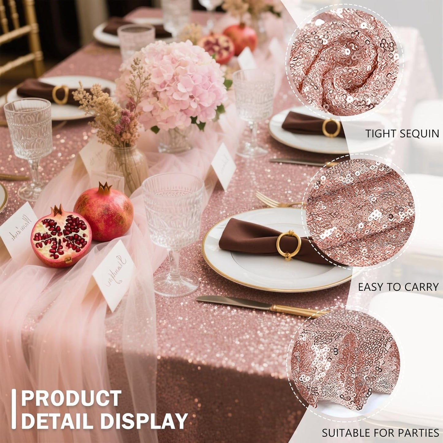 OQSQ Rosegold Rectangle Sequin Tablecloth - 60x102 inch, Glitter Drape Table Cloth, Sparkle Sequence Table Overlays for Wedding Birthday Party Baby Bridal Shower