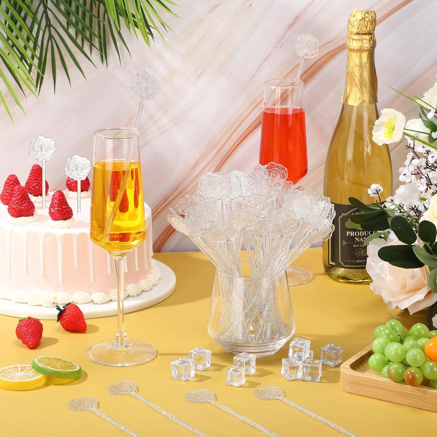 100 Pcs Silver Glitter Drink Stirrers Cocktails Plastic Swizzle Sticks 7.5 Inch Cupcake Pop Sticks Toppers Rose Top Wedding Drink Stirrers for Mixed Drinks Coffee Birthday Wedding Party