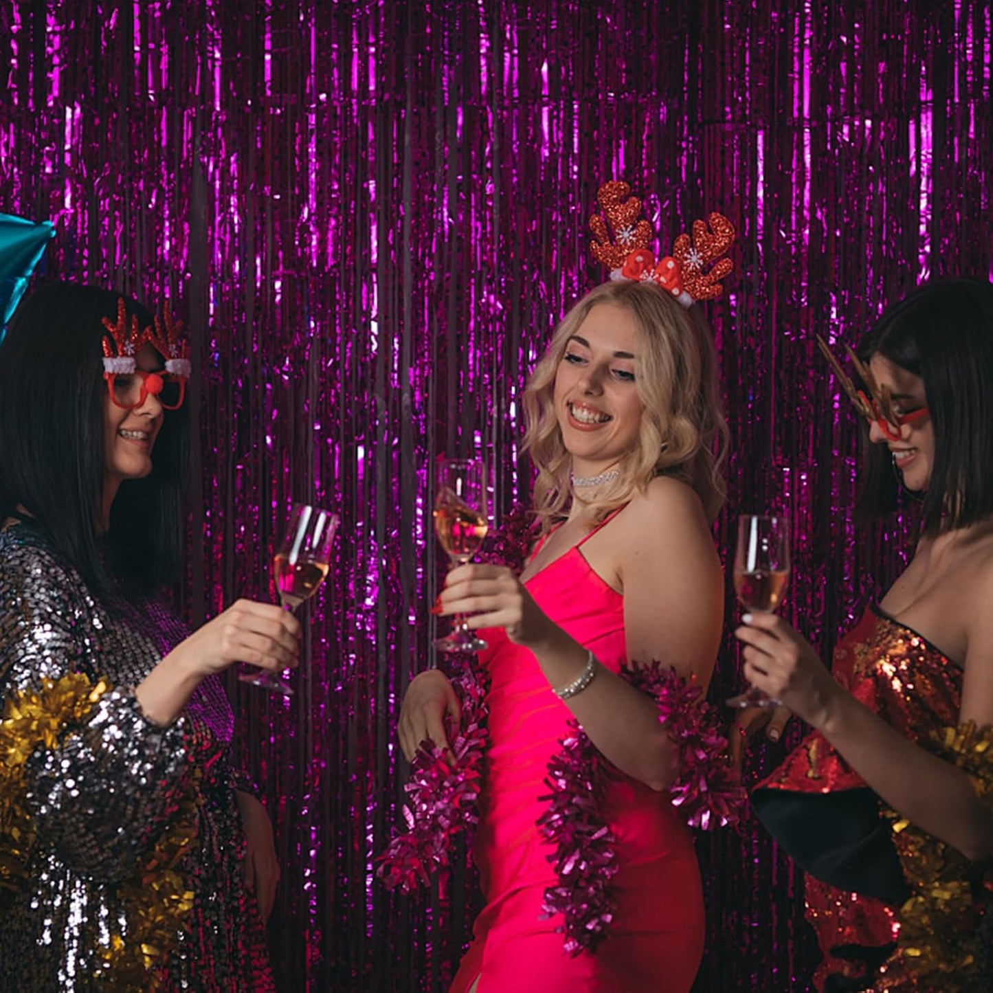 5 Pack Hot Pink Party Decorations - Tinsel Curtain Streamers Foil Fringe Backdrop for Birthday, Christmas, Bachelorette, Graduation, Fiesta Photo Booth