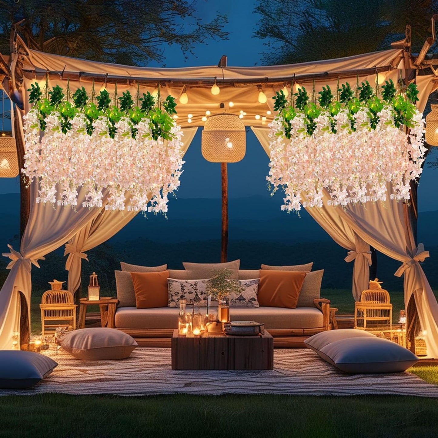 12 Pack Light Pink Wisteria Hanging Flowers Garland with Lights, 3.44 Feet Artificial Flower Vines, Fake Wisteria, Artificial Vines Hanging Garland for Backdrop Outdoor Patio Garden Decor