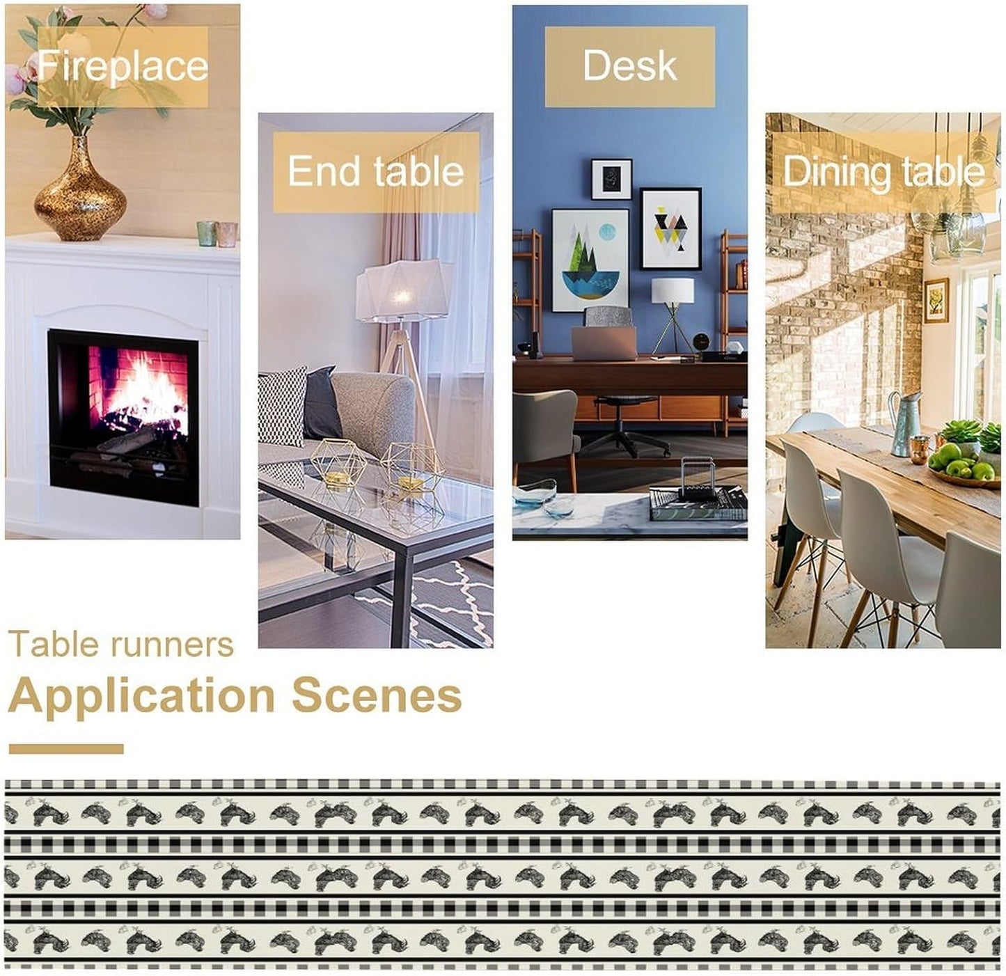 Rooster Table Runner,Farmhouse Animal Vintage Chicken Black White Plaid Check Tablecloth Burlap for Hotel Indoors Outdoor Dining Room Kitchen Home Decor,W13X L60 in