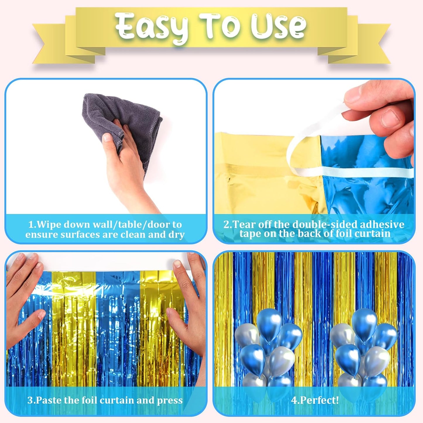 3 Pack 3.3 x 8.2 ft Blue Gold Foil Fringe Backdrop Curtains, Tinsel Streamers Party Decorations, Fringe Backdrop, Door Shimmer for Father's Day Graduation or Birthday Party