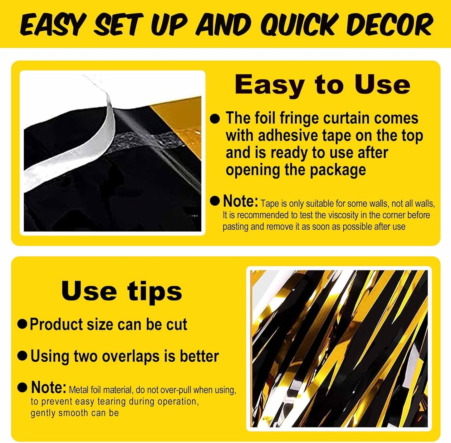 3 Pack Black and Gold Foil Fringe Curtains Backdrop, 3.28 x 9.8 Ft Metallic Streamers Tinsel Curtains Background for Photo Booth, Birthday, Halloween, Christmas, New Year Party Decorations