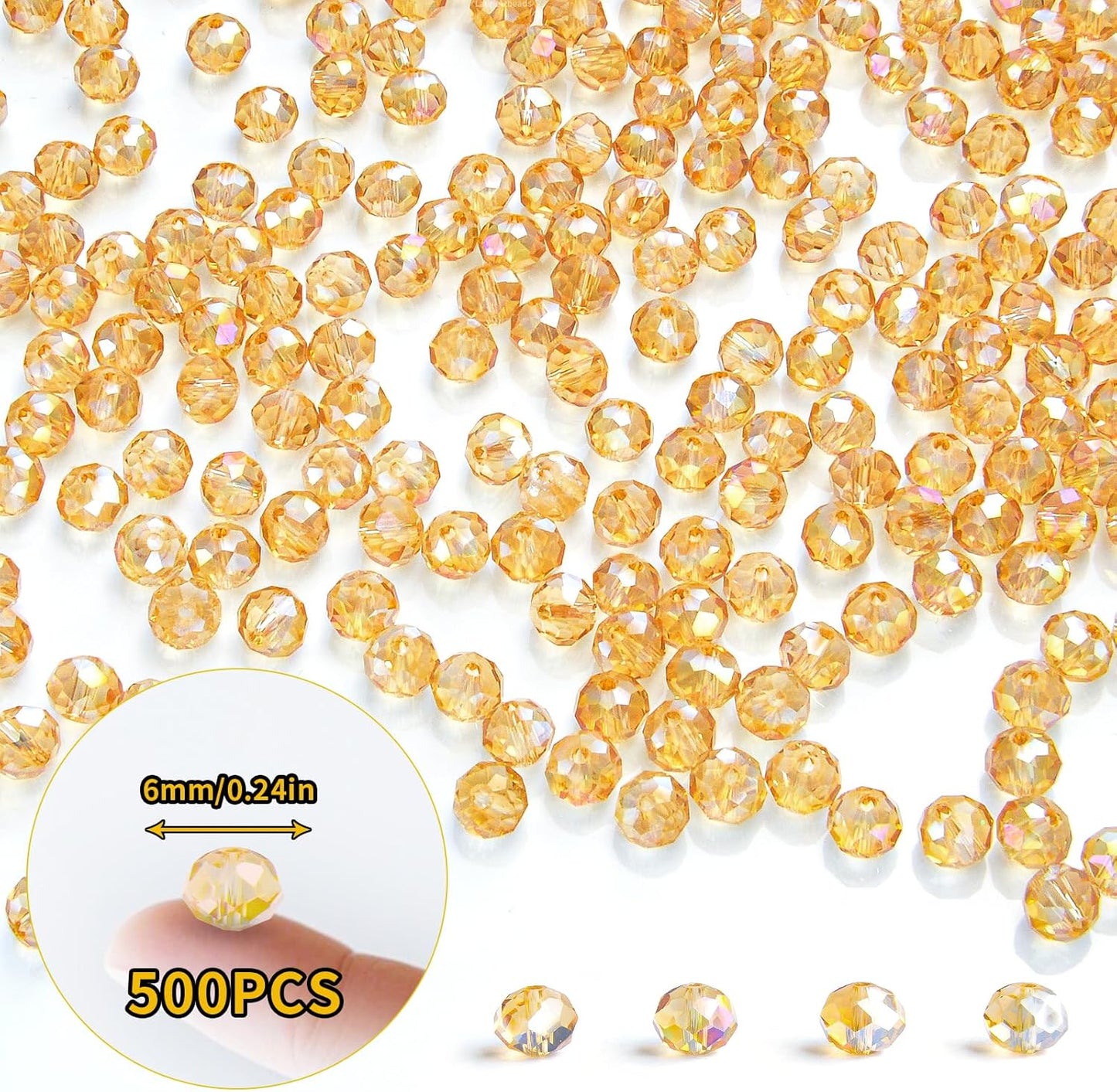 500Pcs 6mm Crystal Glass Beads for Jewelry Making Beads for Bracelets Necklace Pendants Making Supplies(Gold Champagne)