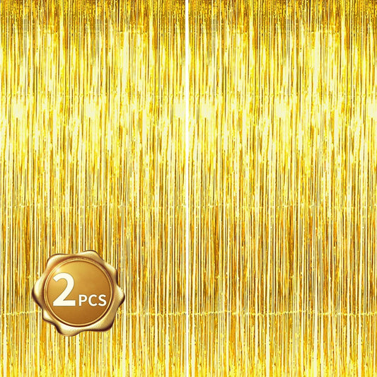 BEISHIDA 2 Pcs Gold Door Streamers Tinsel Curtain Party Streamers Backdrop Fringe Foil Wall Background for Birthday Halloween Christmas Wedding Party Decoration(3.28 ft x 6.56 ft)