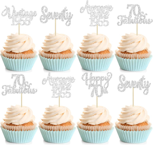 30Pcs Happy 70th Birthday Cupcake Toppers Glitter Seventy Vintage 1955 Cupcake Picks Cheers to 70 Fabulous Cake Decorations for 70th Birthday Wedding Anniversary Party Supplies Silver