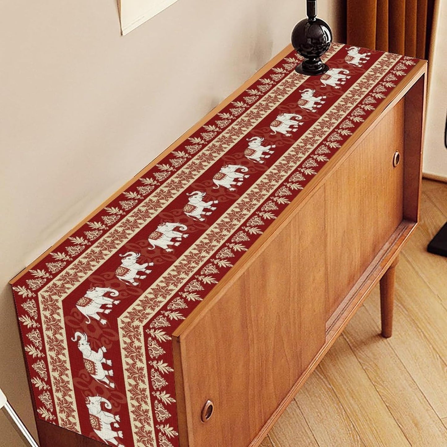 Boho Elephant Table Runner, Vintage Tribal Traditional African Animals Ethnic Folk Red Table Center Decor for Home Kitchen Dining Patio Holiday Party Indoor Outdoor Table Decorations, 13"x36" Inch