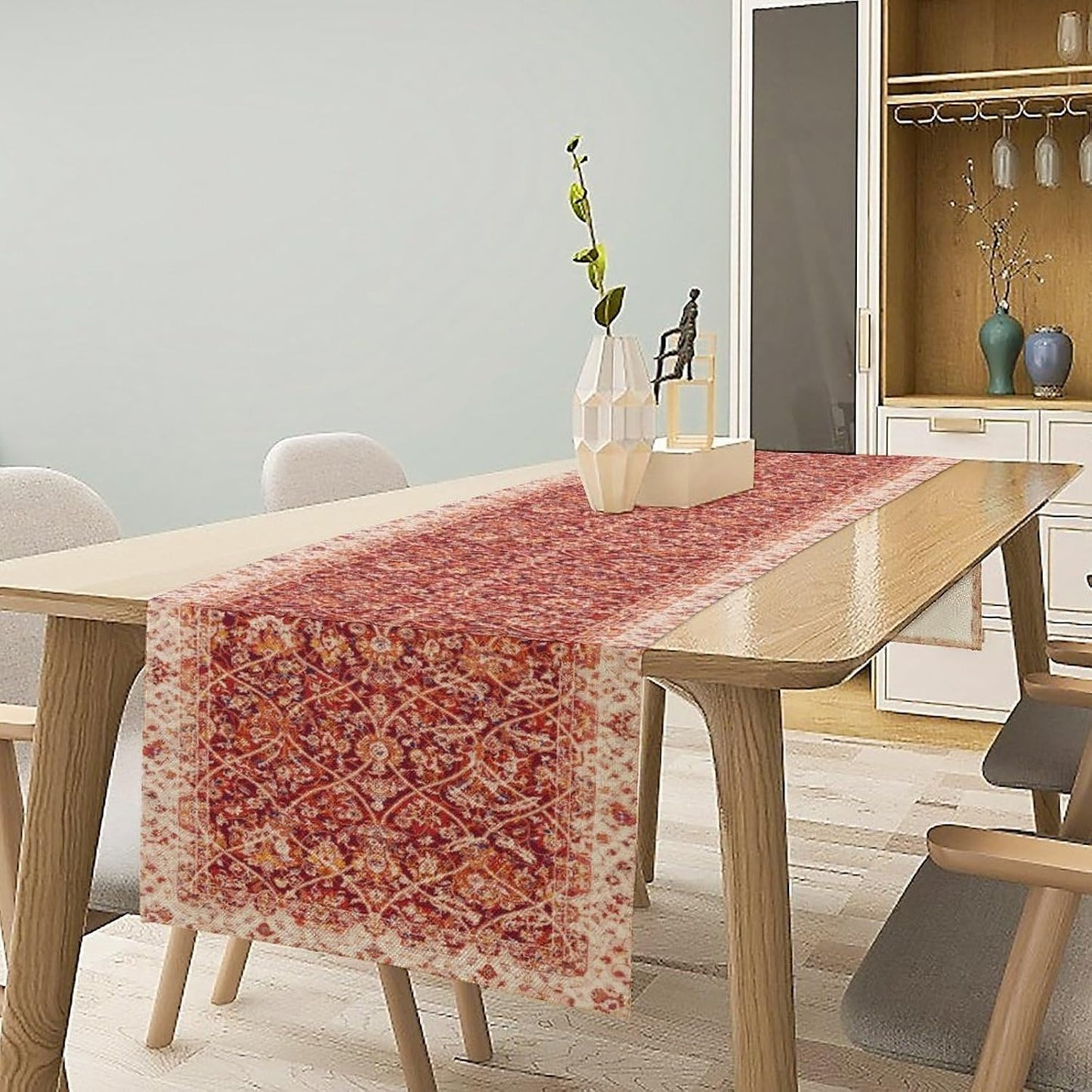 Boho Floral Vintage Table Runner, Retro Red Flower Rustic Country Farmhouse Abstract Pattern for Home Kitchen Table Decor Dining Coffee Room Party Decor 13x108in