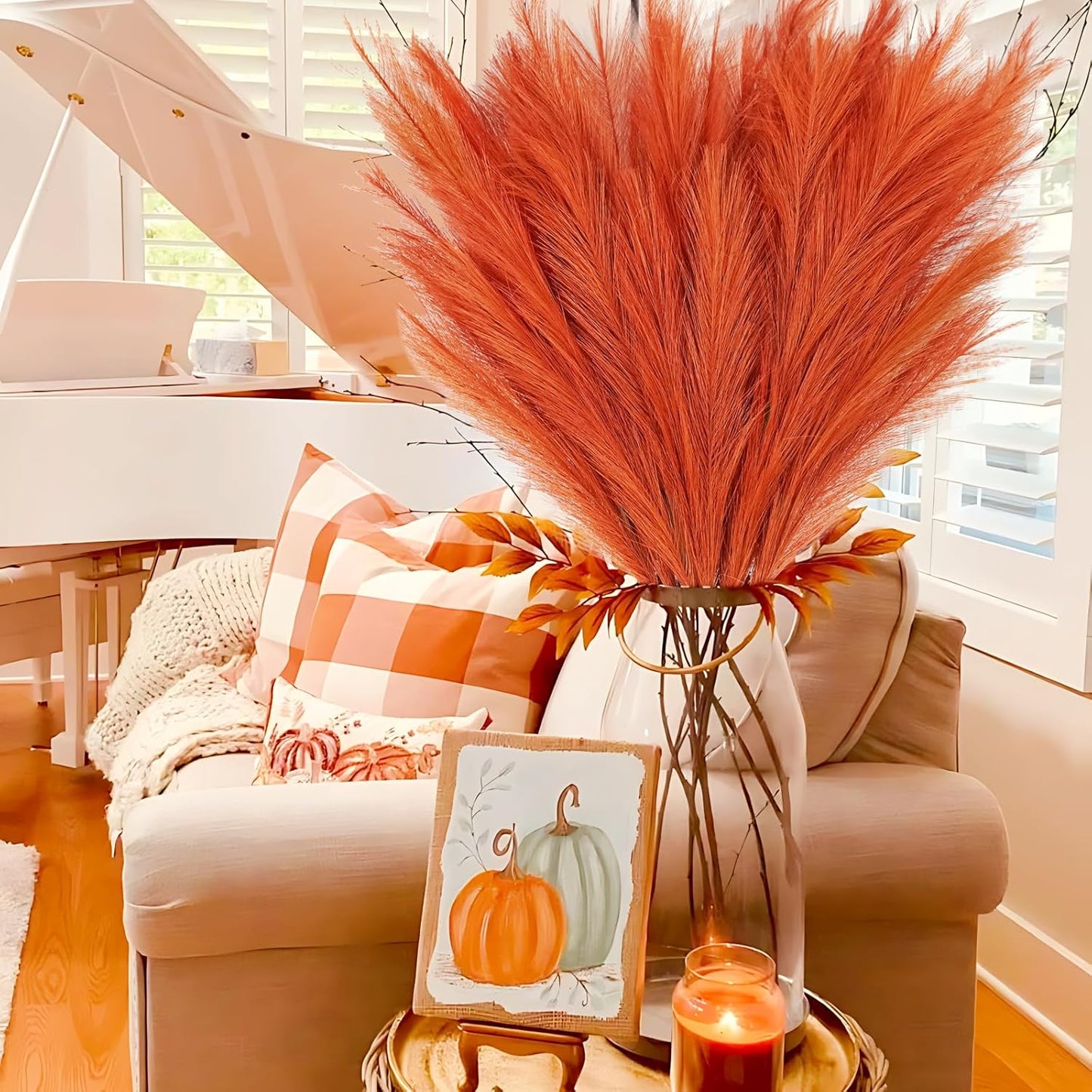 8pcs Orange Pampas Grass Tall, 35" Fluffy Faux Colored Pompas Grass Artificial Orange Pampas Stems Vase Filler Fall Flower Arrangement for Home Wedding Centerpieces Autumn Bohe Decor