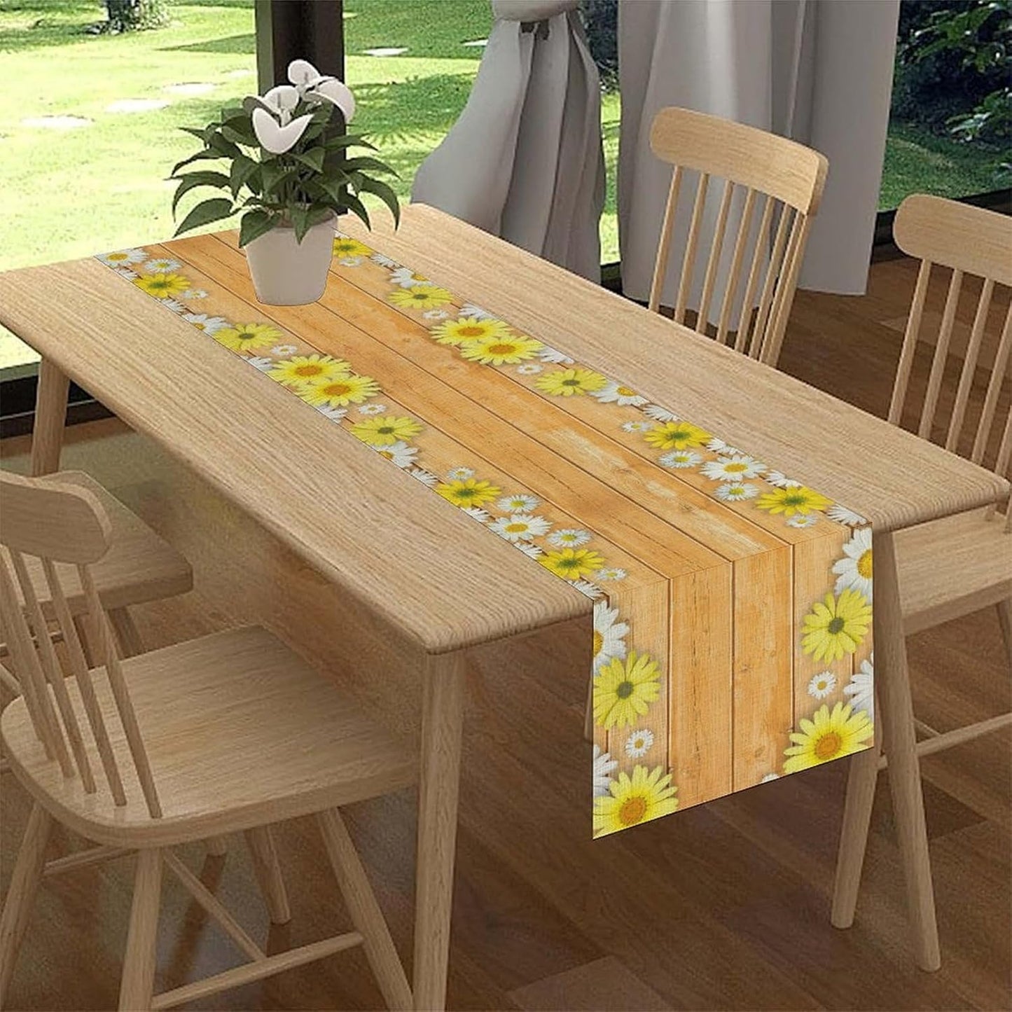 Farmhouse Floral Table Runner, Spring Seasonal Yellow Daisy Sunflower Retro Wooden Country Table Center Decor for Home Kitchen Dining Patio Holiday Party Table Decorations, 13"x72" Inch