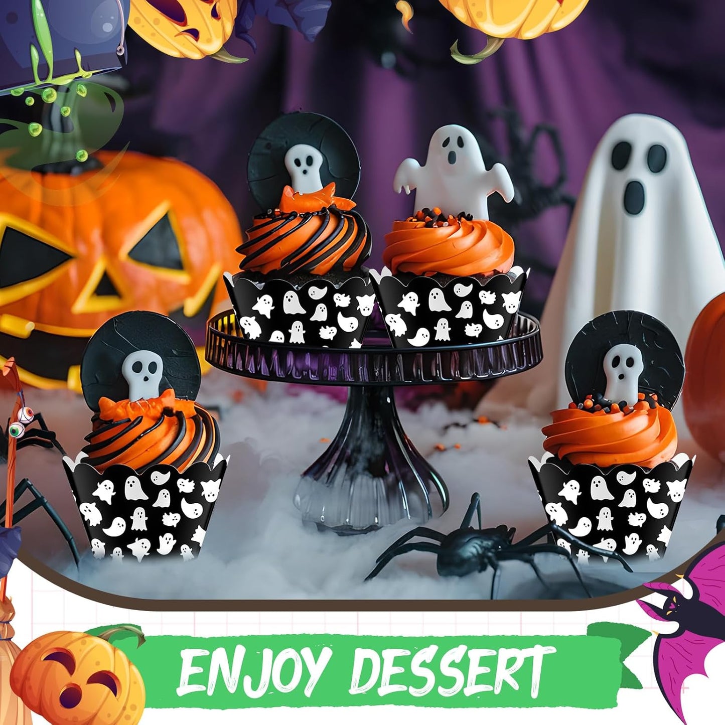 Domensi 100 Pcs Halloween Ghost Cupcake Wrappers Cupcake Liners Ghost Baking Cups Baking Liners for Wedding Bridal Baby Shower Birthday Halloween Party Supplies Dessert Decoration