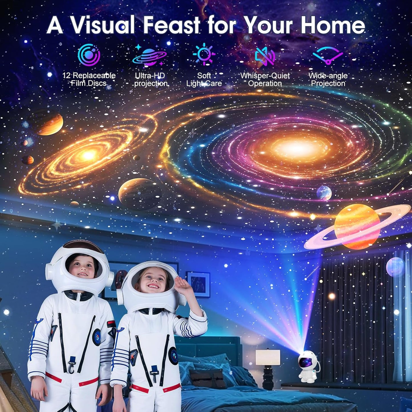 Astronaut Planetarium Projector for Bedroom, 12 Image Discs, Galaxy Projector Star Night Light, Ceiling Mood Lighting, LED Space Galaxy Lamp, Kids Adults Room Decor
