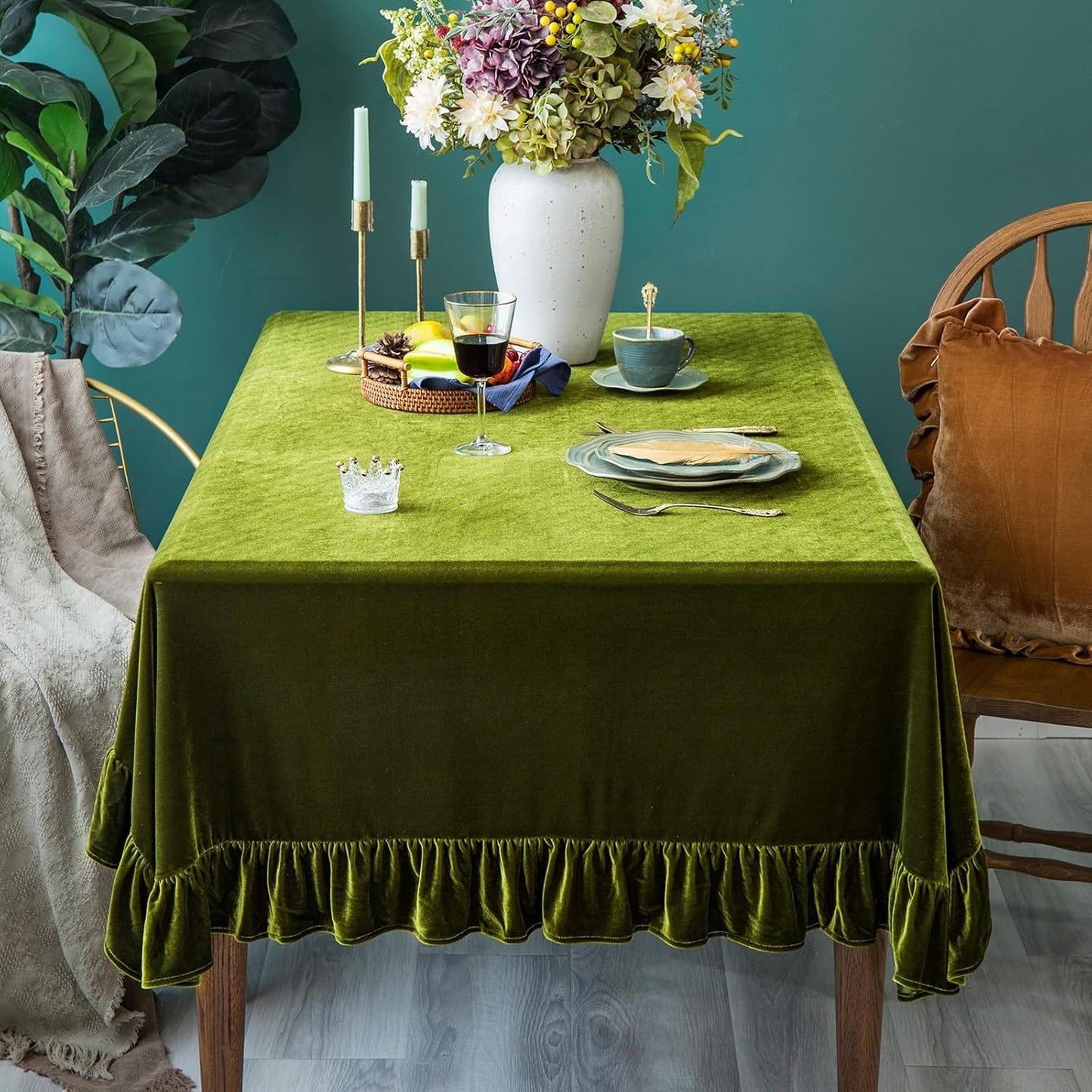 Velvet Tablecloth Luxurious Solid Rectangle Table Cloth,Oblong Retro Farmhouse Ruffle Tablecloths Washable Table Cover for Party Olive Green,52x70 Inches