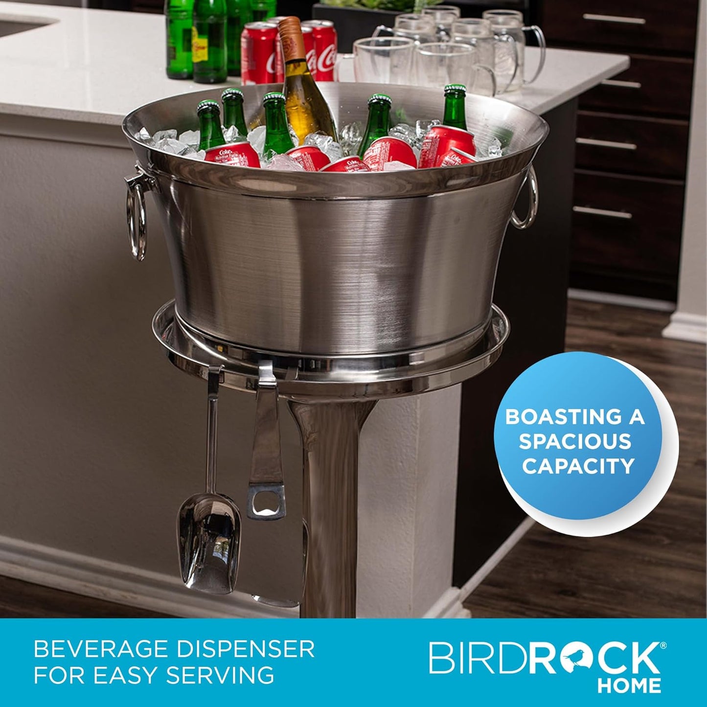 BIRDROCK HOME Metal Beverage Tub w/Stand, Scoop & Bottle Opener - Stainless Steel Double Wall Ice Cooler - Large Drinks, Beer, Wine, Champagne Chiller Buckets w/Holder for Parties - Silver Container