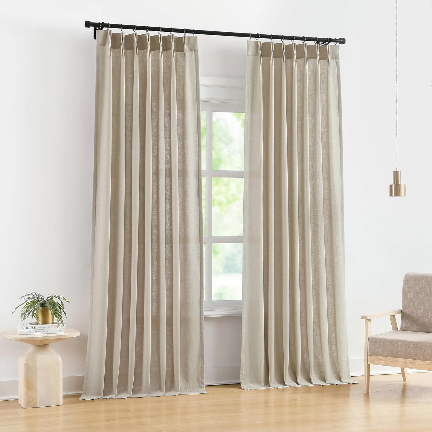 Vision Home Sand Pinch Pleated Semi Sheer Curtains Textured Linen Blended Light Filtering Window Curtains 90 inch for Living Room Bedroom Pinch Pleat Drapes with Hooks 2 Panels 40" Wx90 L,Camel Beige