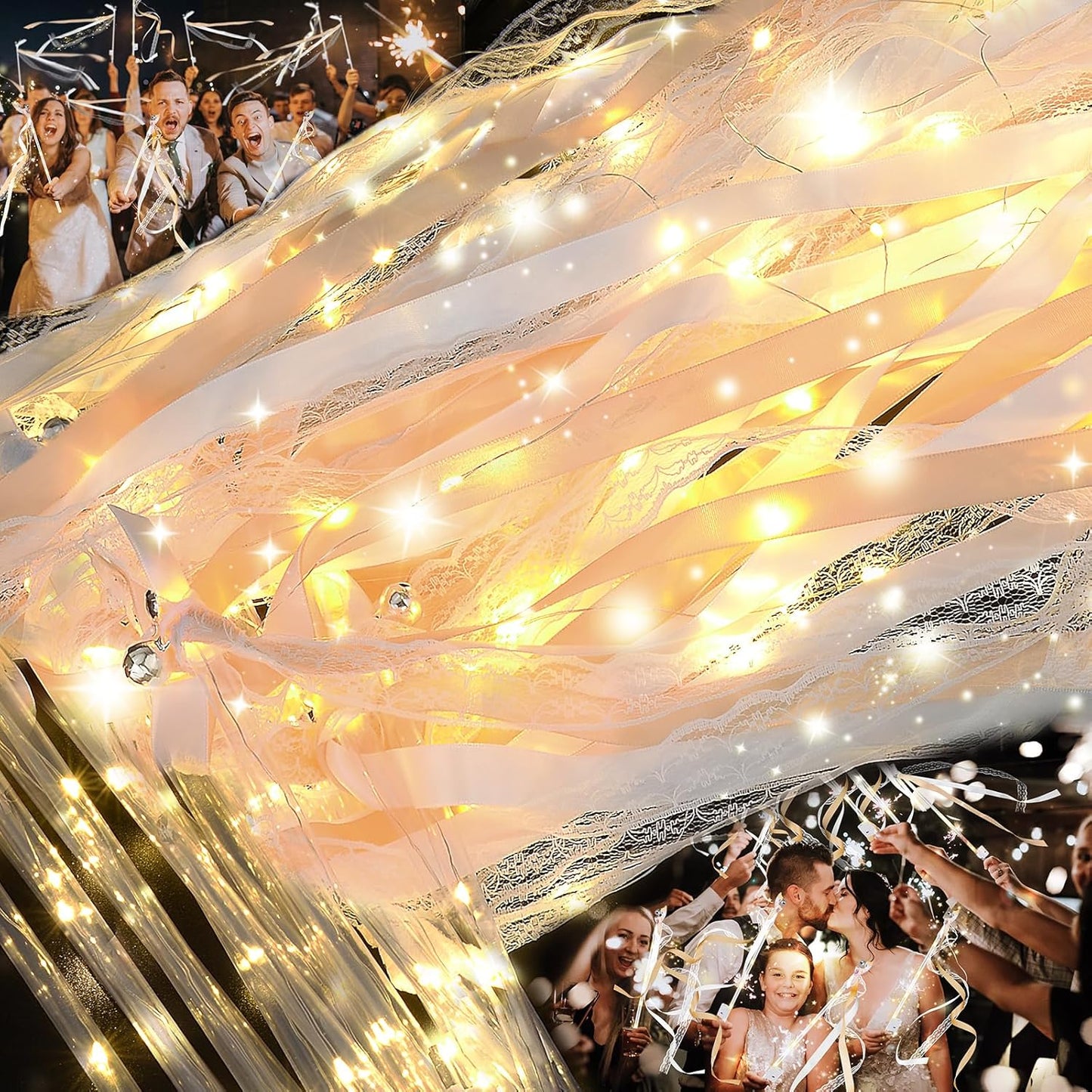 100 PCS Wedding Wands with Lights,Fairy Wands, LED Silk Fairy Wand with Bells for Wedding Send Off, New Year, Raves, Concert, Birthday